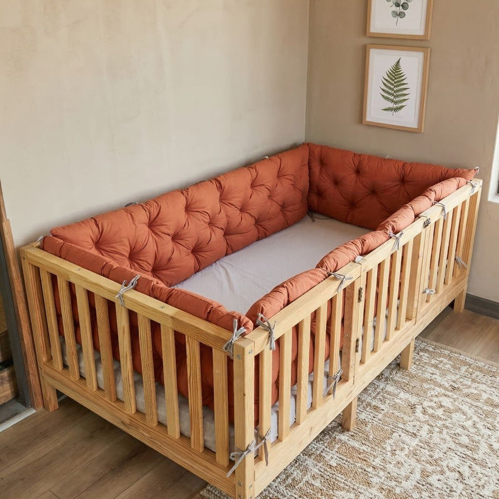 Montessori ve Beşik İçin 4 Kenar Koruma Seti Pamuk Kumaş Kiremit Renk