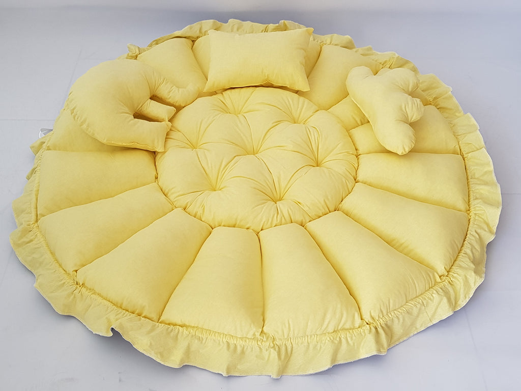 3'ü 1 Arada BabyNest Uyku ve Oyun Minderi Seti - 3 Figürlü Yastık Hediyeli Gri Yıldız Sarı