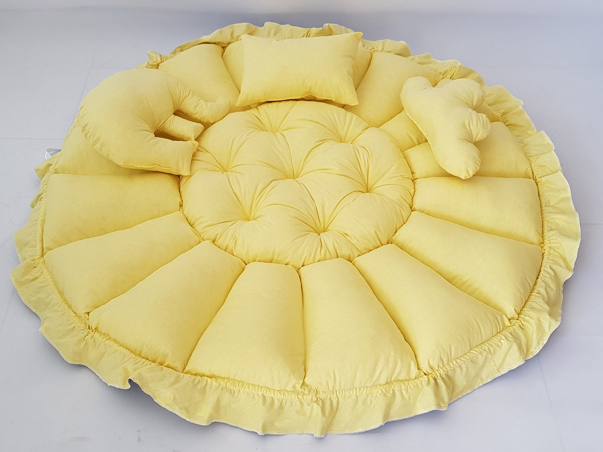 3'ü 1 Arada BabyNest Uyku ve Oyun Minderi Seti - 3 Figürlü Yastık Hediyeli Gri Yıldız Sarı