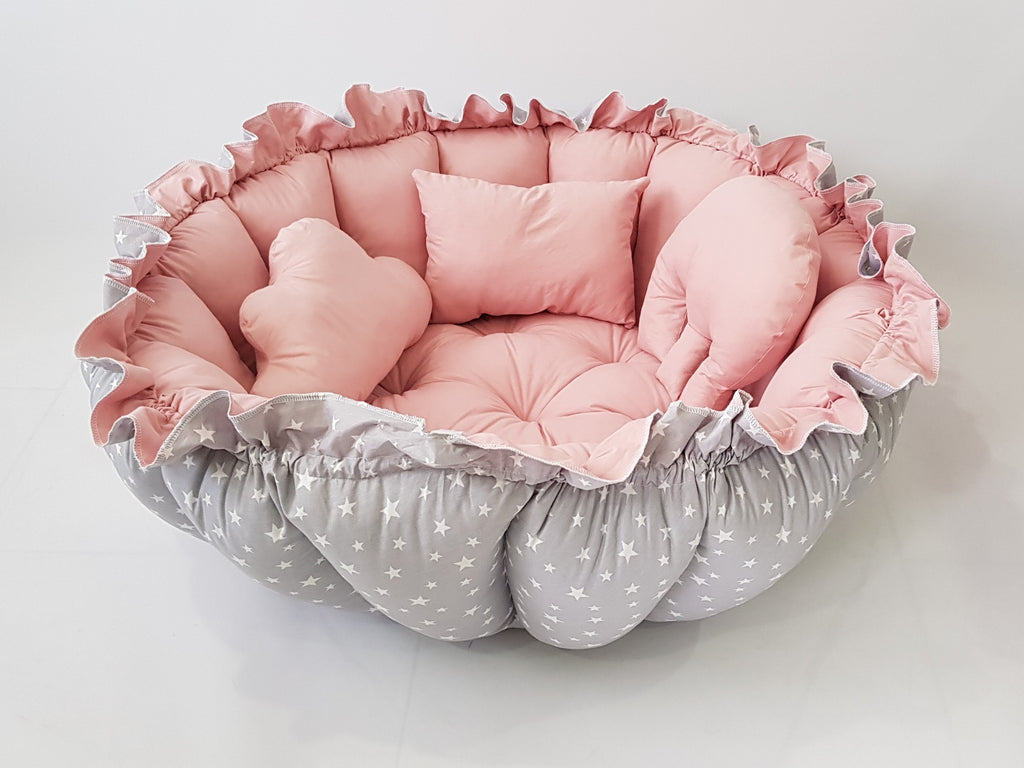 3'ü 1 Arada BabyNest Uyku ve Oyun Minderi Seti - 3 Figürlü Yastık Hediyeli Gri Yıldız Pudra