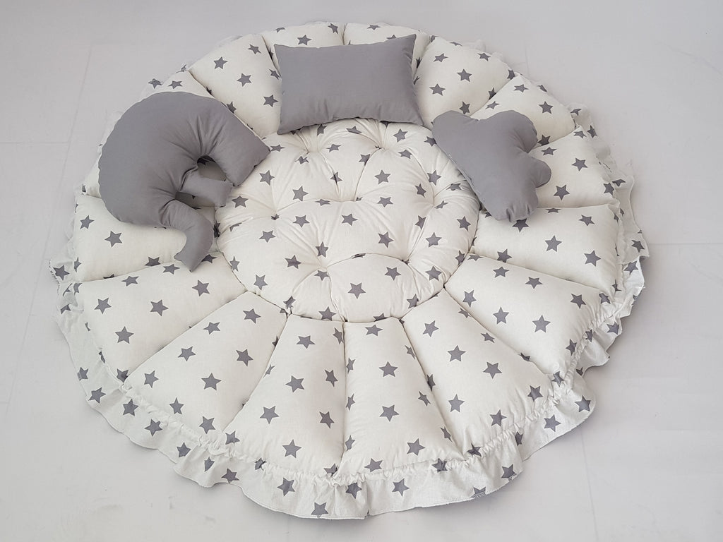 3'ü 1 Arada BabyNest Uyku ve Oyun Minderi Seti - 3 Figürlü Yastık Hediyeli Gri
