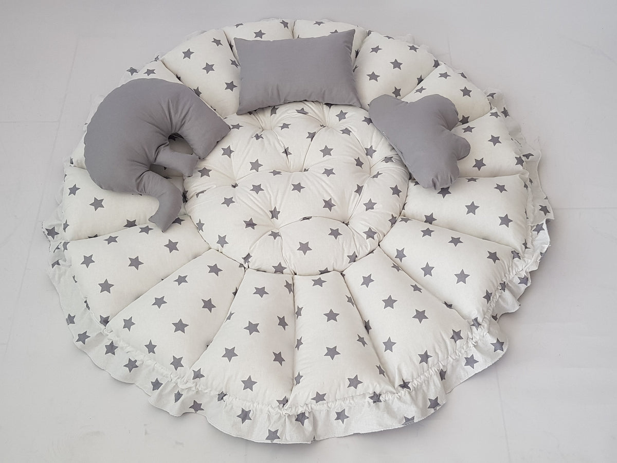 3'ü 1 Arada BabyNest Uyku ve Oyun Minderi Seti - 3 Figürlü Yastık Hediyeli Gri