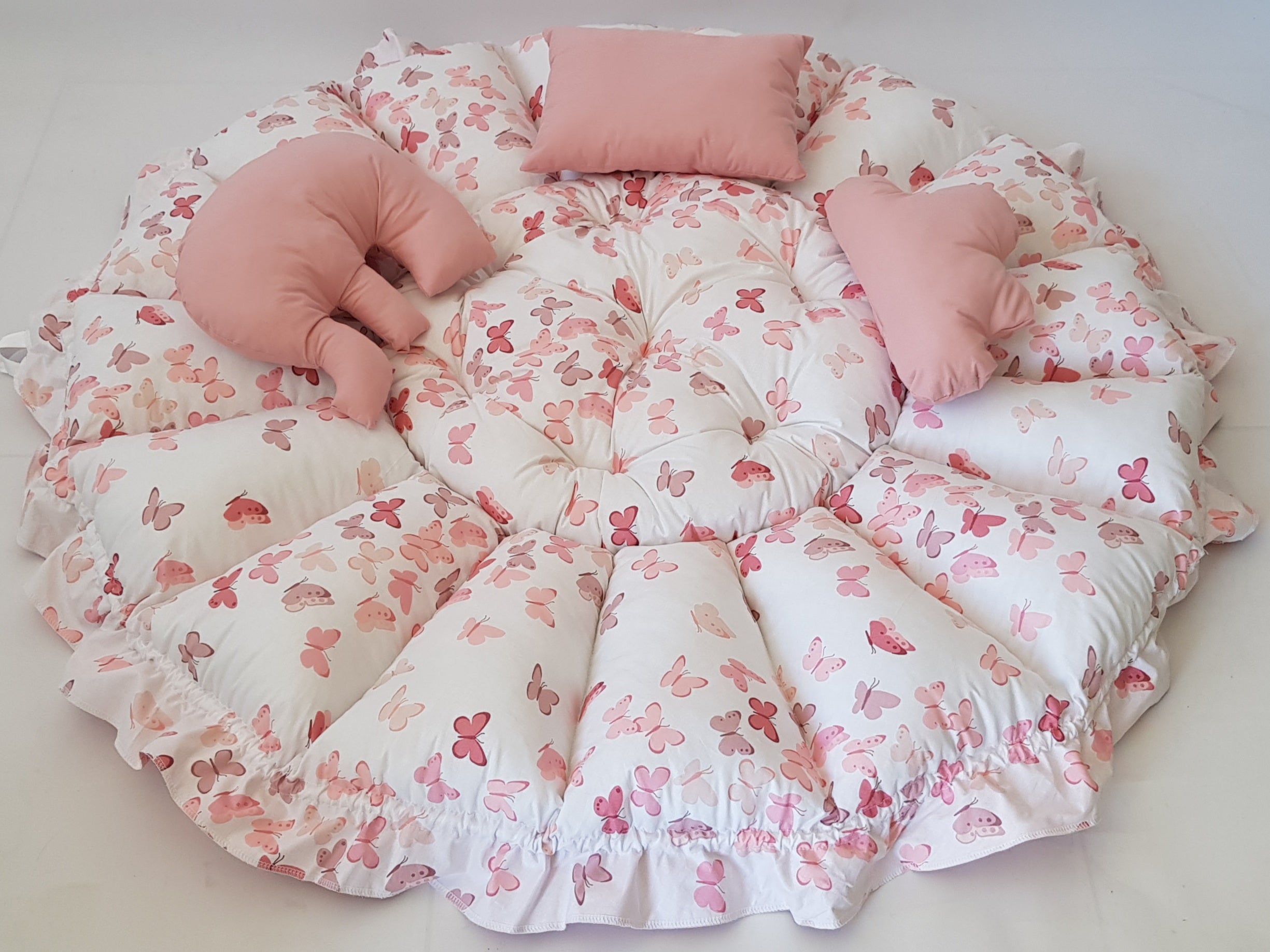 3'ü 1 Arada BabyNest Uyku ve Oyun Minderi Seti - 3 Figürlü Yastık Hediyeli Kelebek Pudra