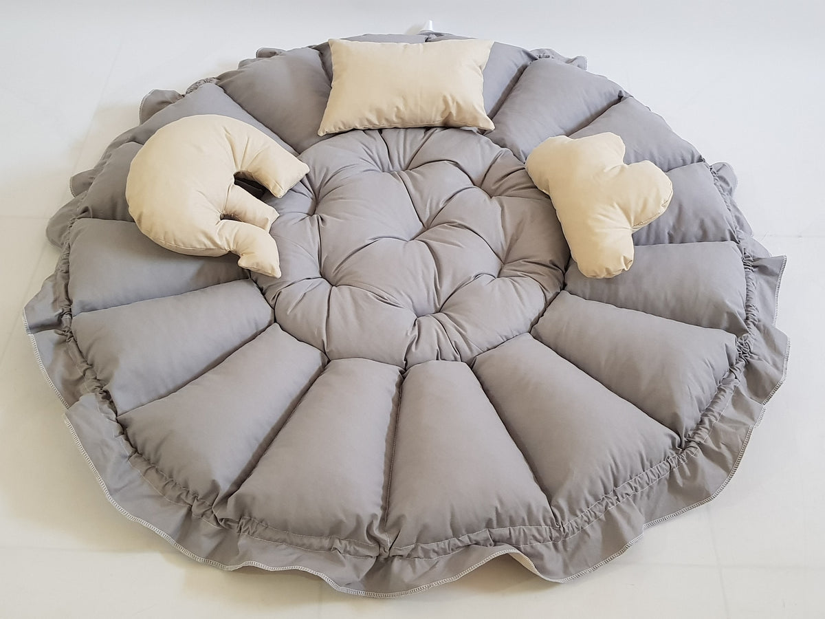 3'ü 1 Arada BabyNest Uyku ve Oyun Minderi Seti - 3 Figürlü Yastık Hediyeli Gri