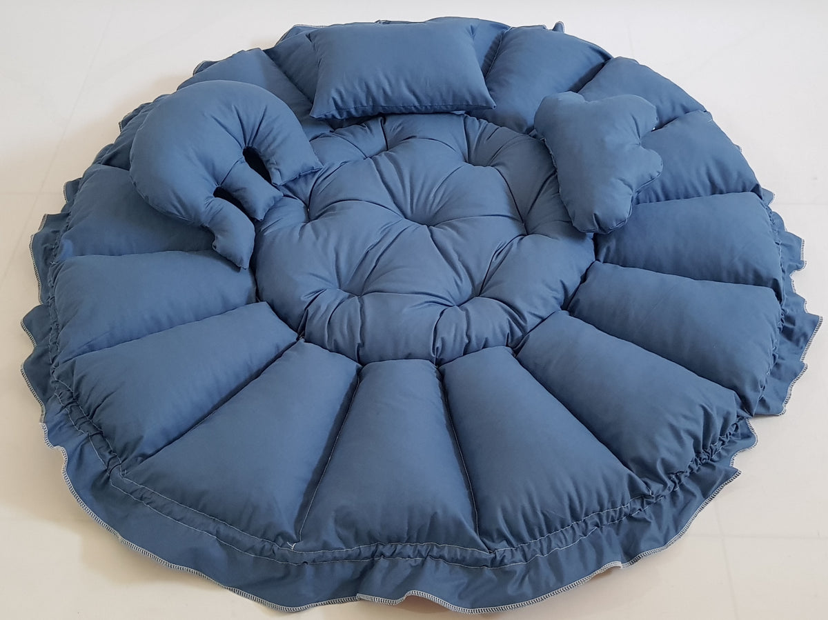 3'ü 1 Arada BabyNest Uyku ve Oyun Minderi Seti - 3 Figürlü Yastık Hediyeli İndigo ve Kahve Renk