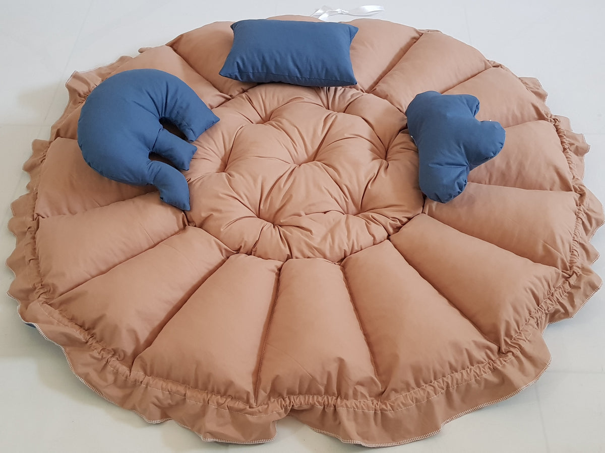 3'ü 1 Arada BabyNest Uyku ve Oyun Minderi Seti - 3 Figürlü Yastık Hediyeli İndigo ve Kahve Renk