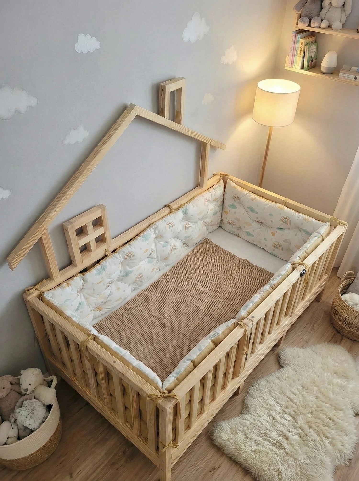 Montessori Yataklar ve Beşikler İçin Koruyucu Kenar Koruma Takımı Bej Gökler