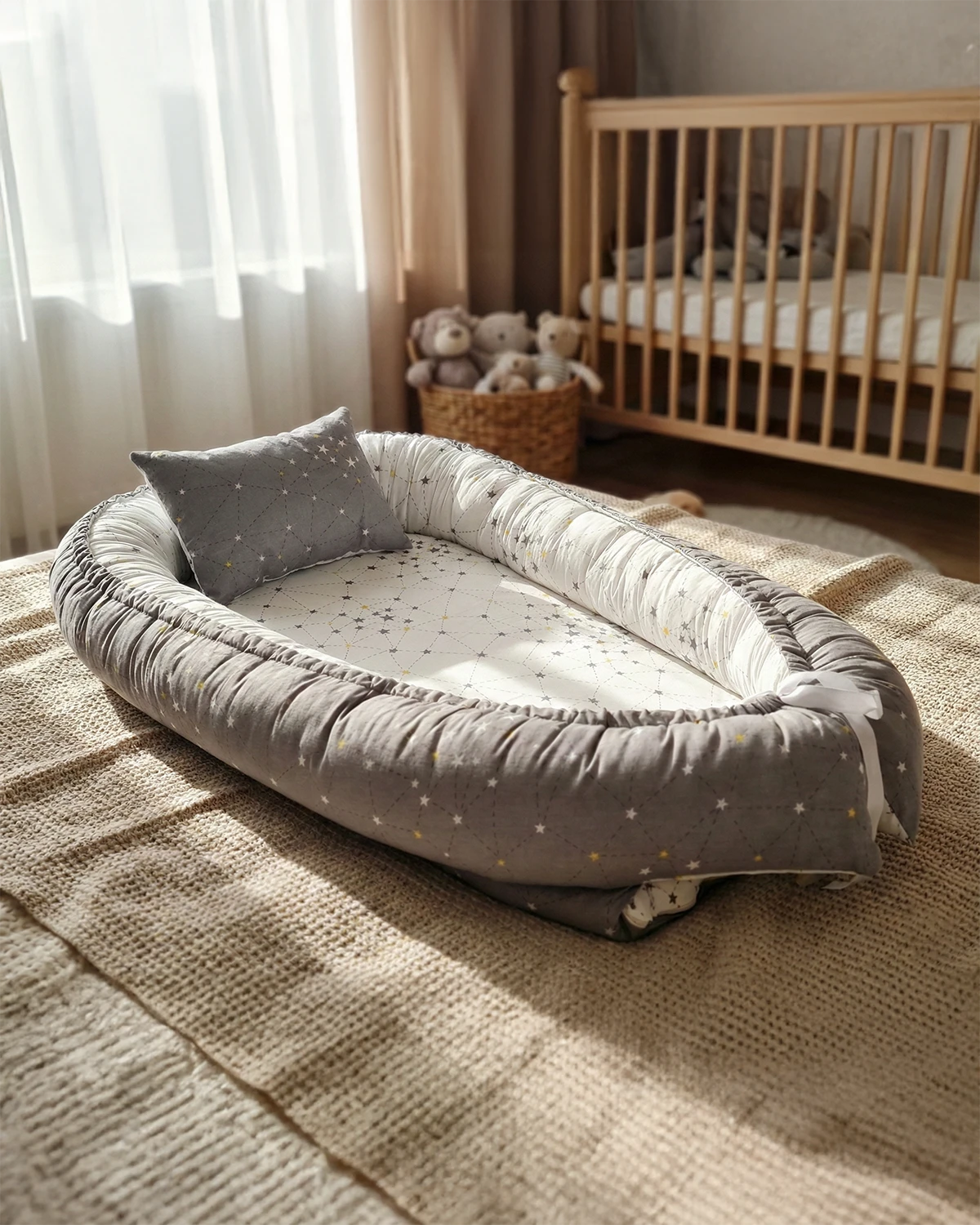 BabyNest Anne Yanı Bebek Yatağı - Gri Samanyolu Pamuk Kumaş