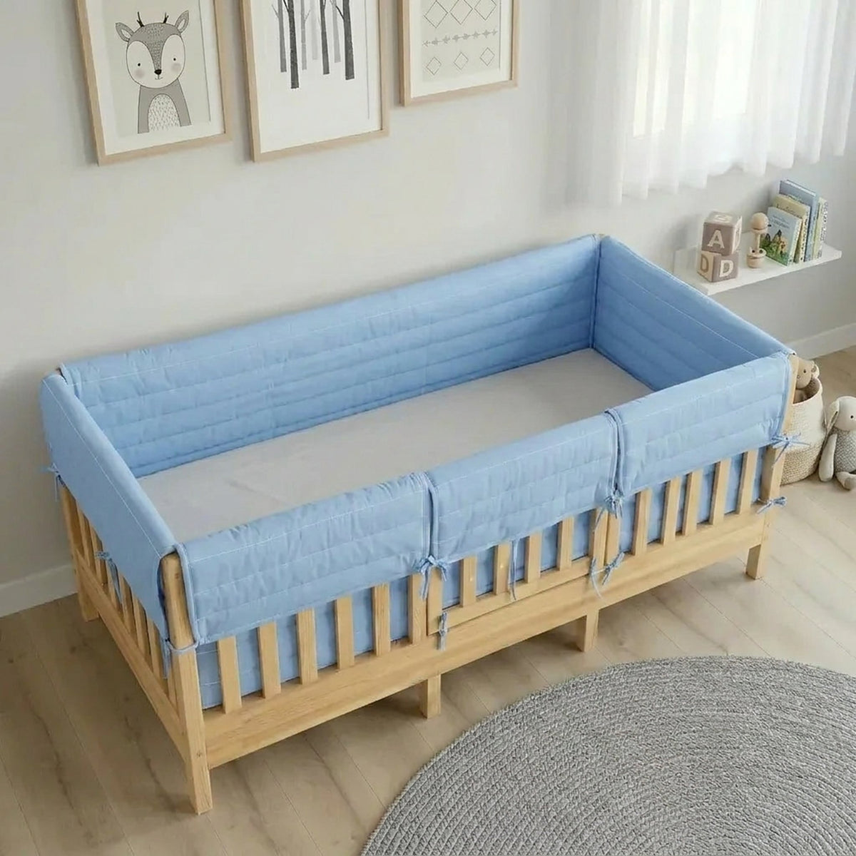 Montessori Beşik Kenar Koruma Takımı %100 Pamuk - Bebe Mavi - Buble Full