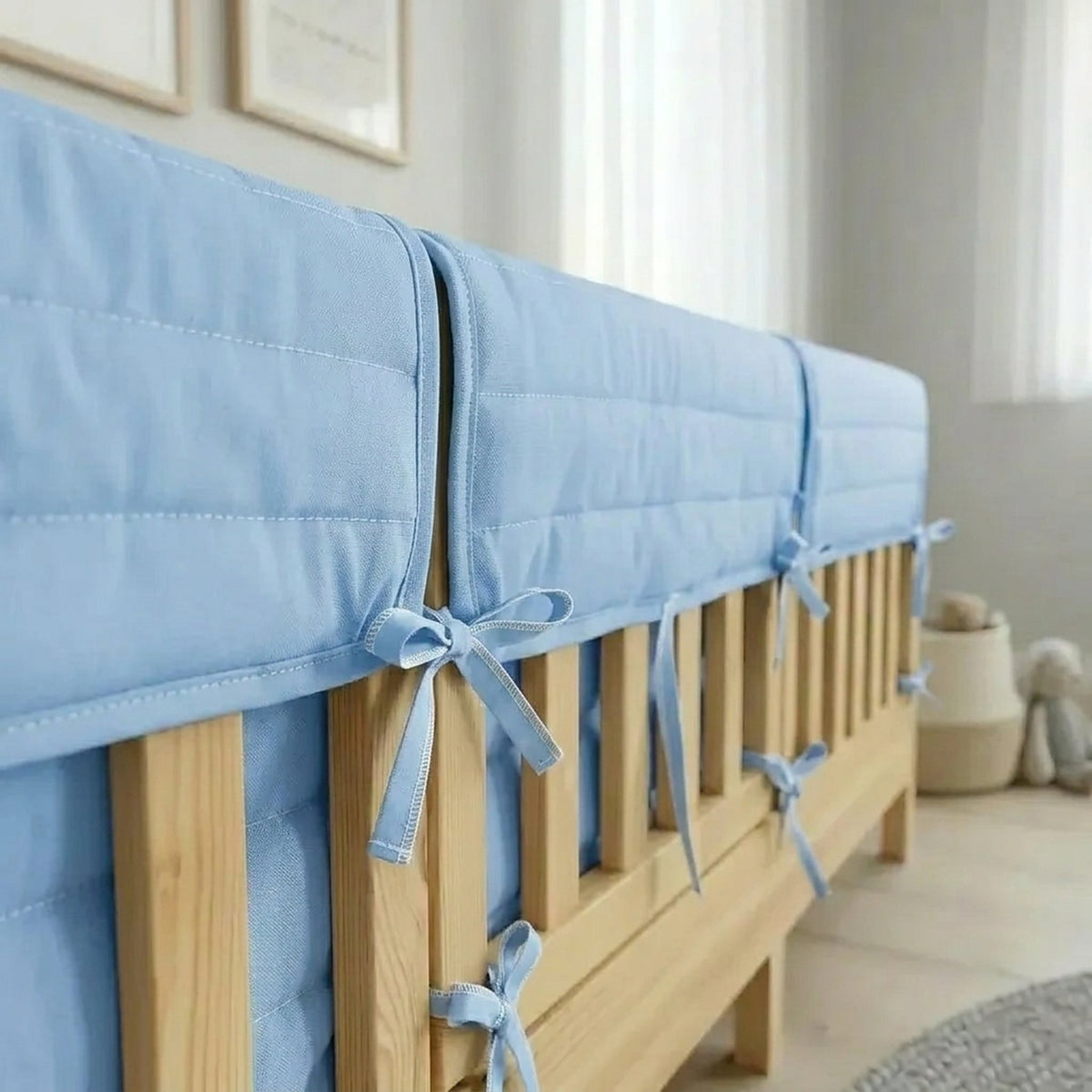 Montessori Beşik Kenar Koruma Takımı %100 Pamuk - Bebe Mavi - Buble Full