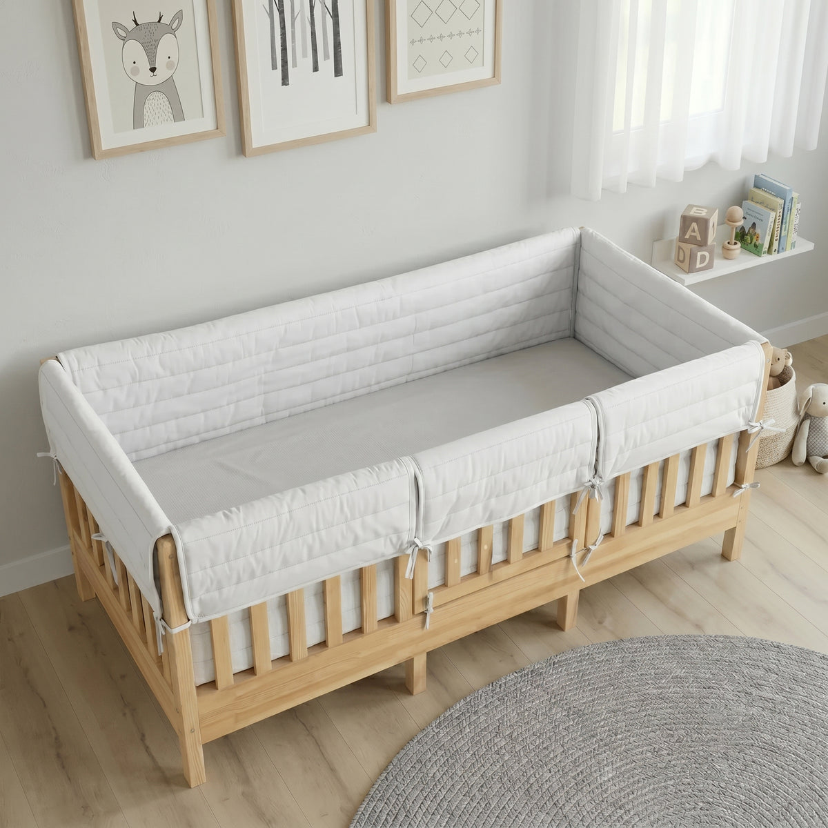 Montessori Beşik Kenar Koruma Takımı %100 Pamuk - Beyaz - Buble Full