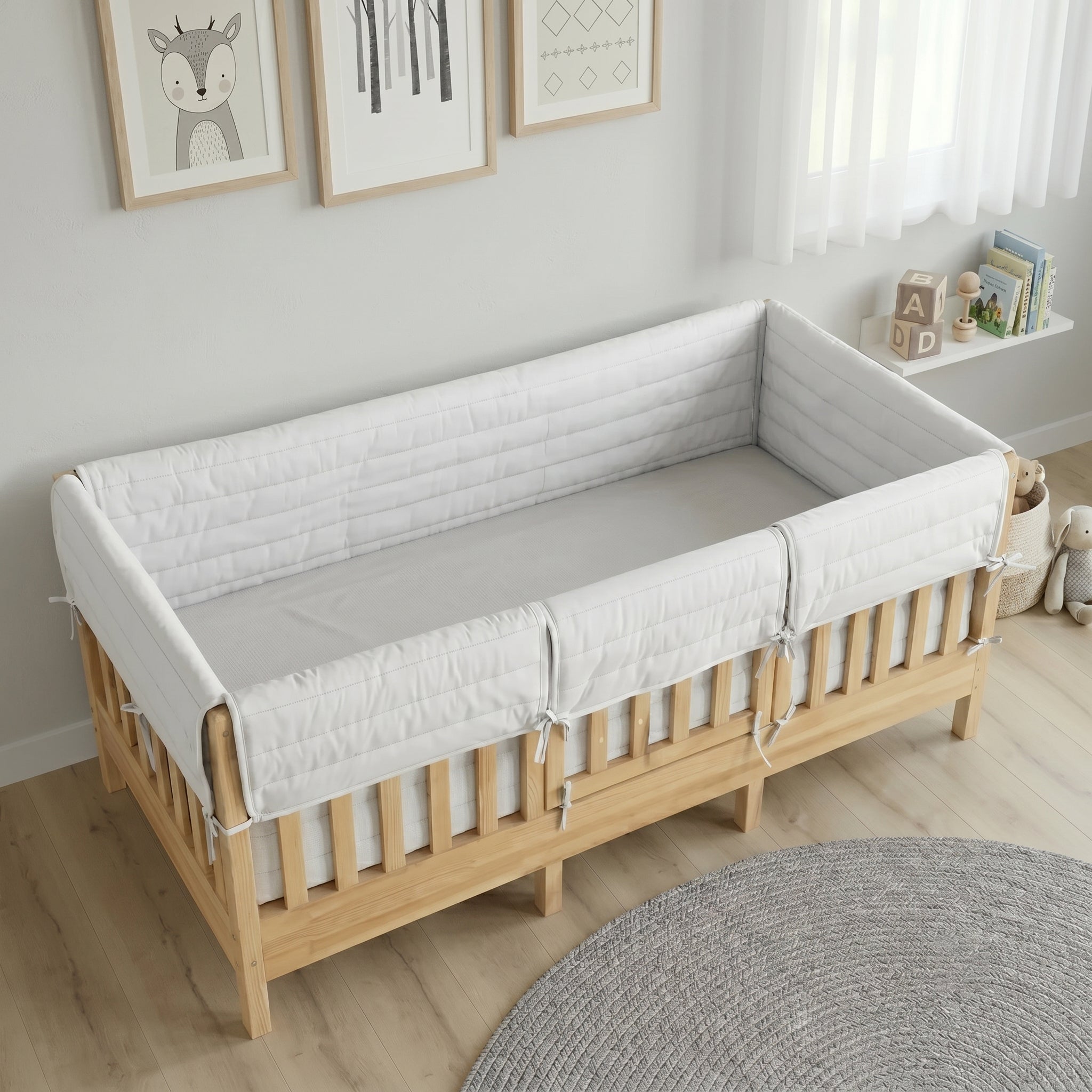 Montessori Beşik Kenar Koruma Takımı %100 Pamuk - Darbe Önleyici - Beyaz - Buble Full