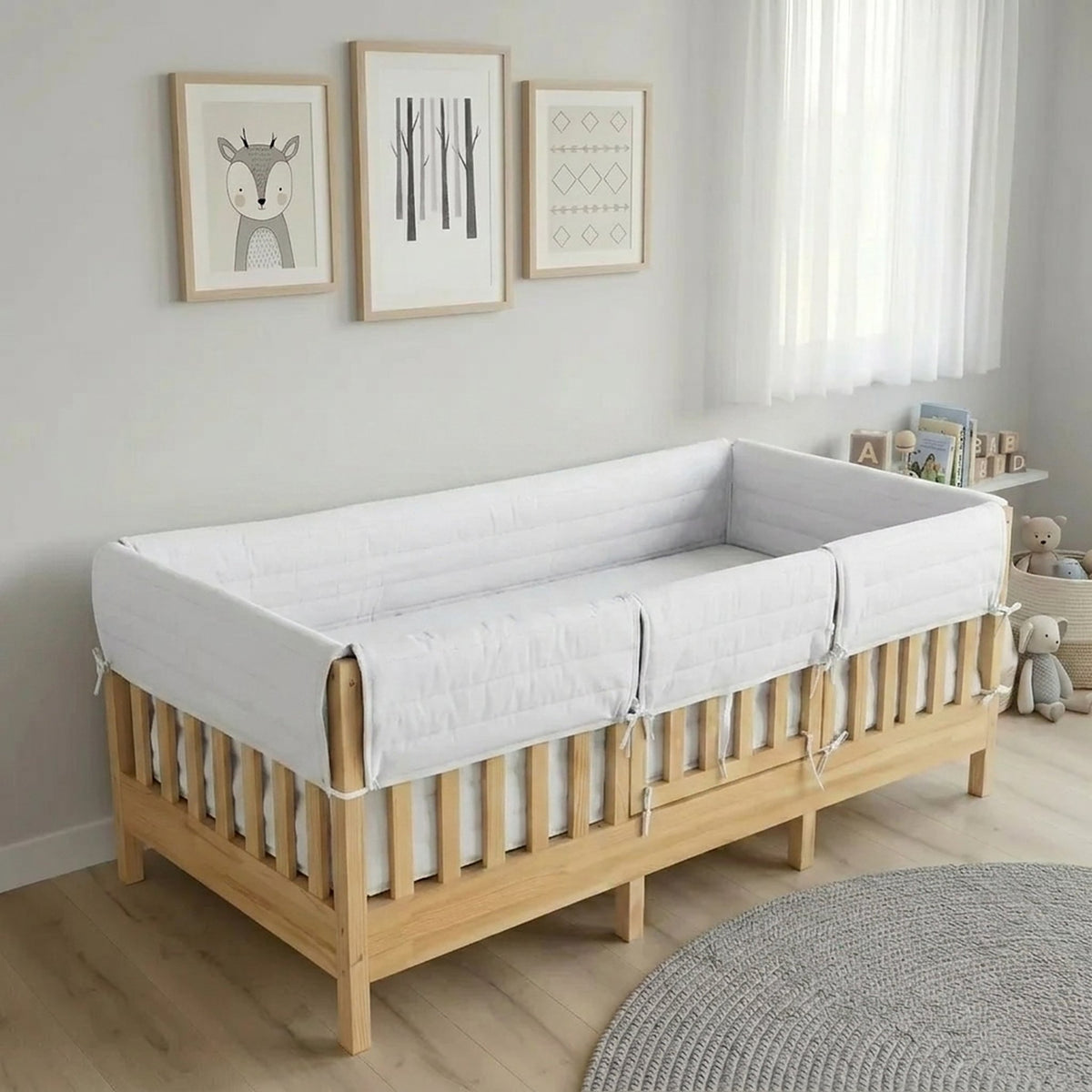 Montessori Beşik Kenar Koruma Takımı %100 Pamuk - Beyaz - Buble Full