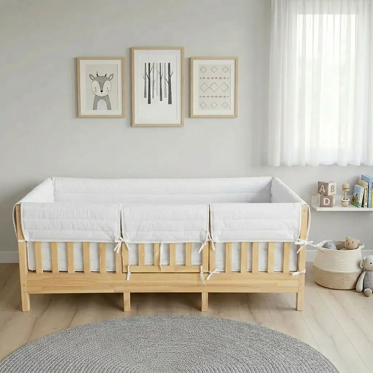 Montessori Beşik Kenar Koruma Takımı %100 Pamuk - Beyaz - Buble Full