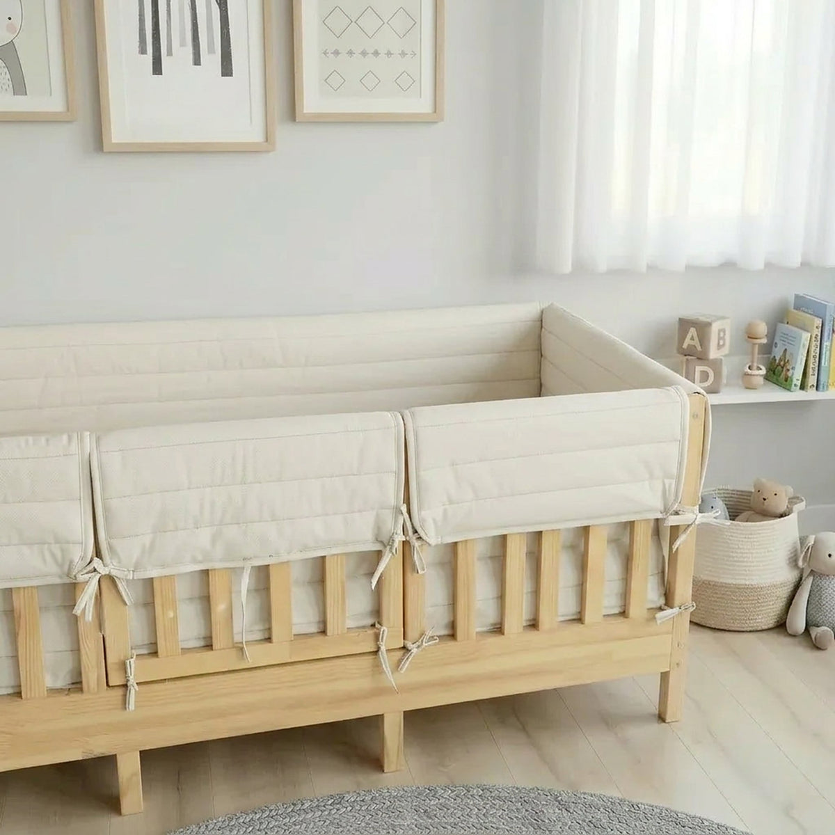Montessori Beşik Kenar Koruma Takımı %100 Pamuk - Ekru - Buble Full