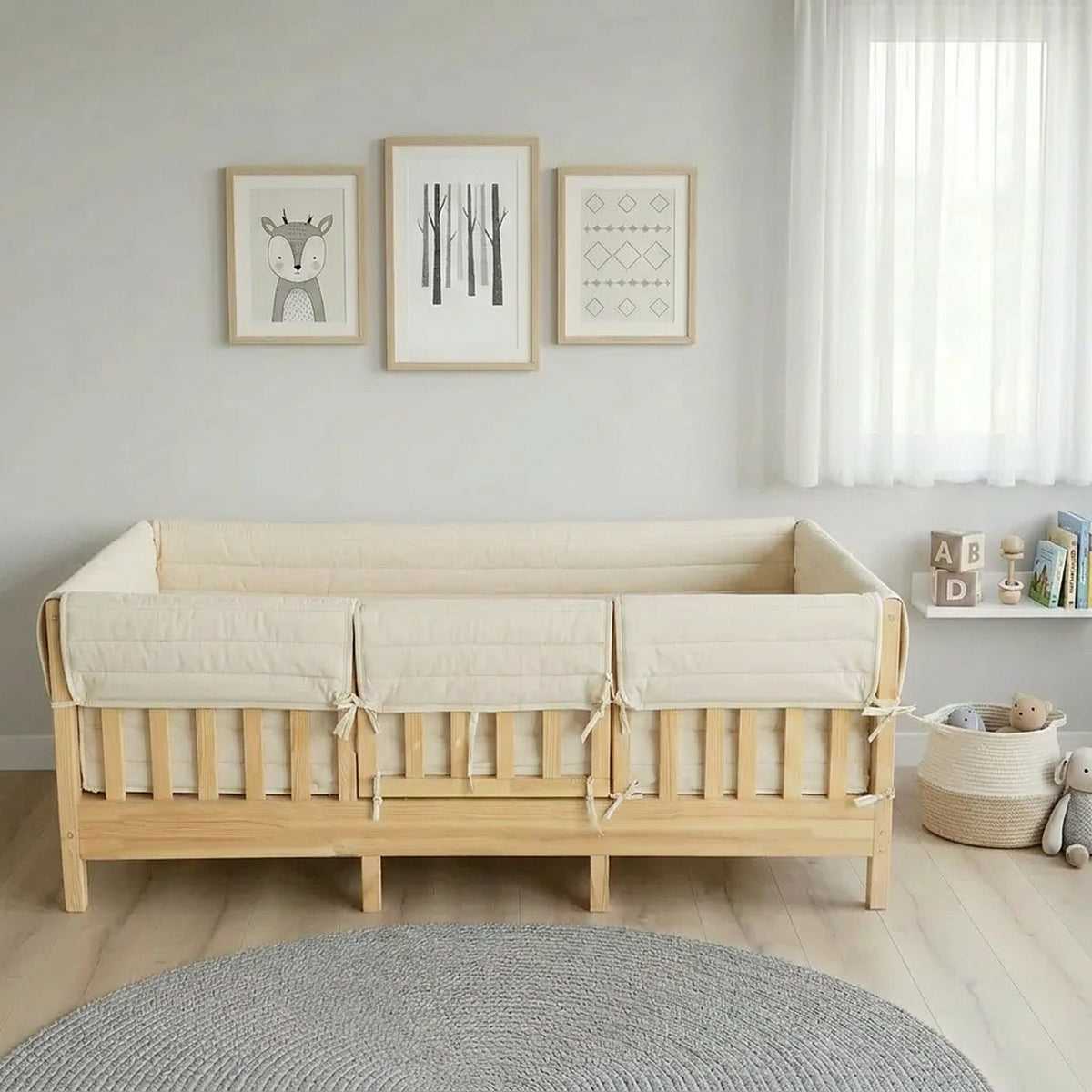 Montessori Beşik Kenar Koruma Takımı %100 Pamuk - Ekru - Buble Full