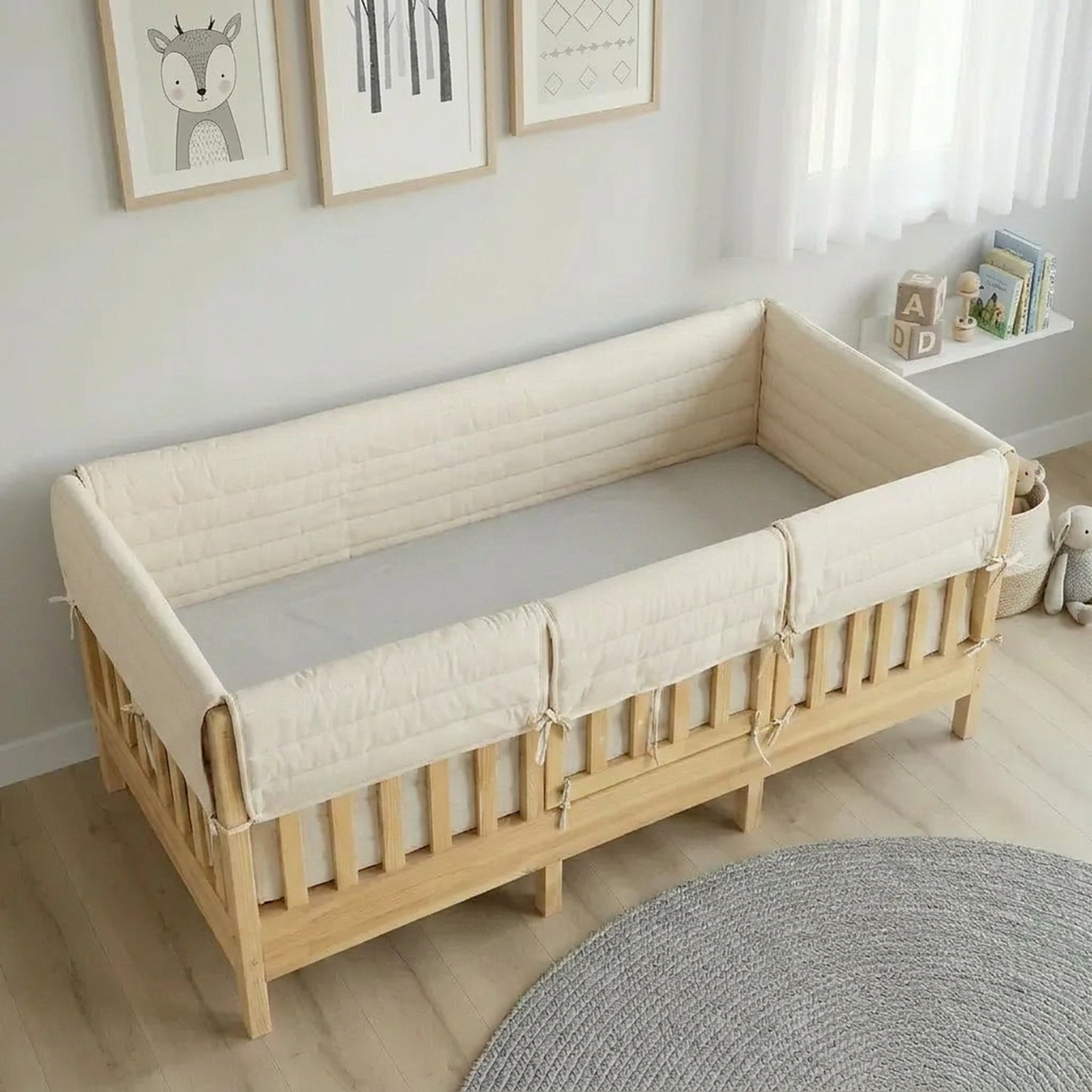 Montessori Beşik Kenar Koruma Takımı %100 Pamuk - Ekru - Buble Full
