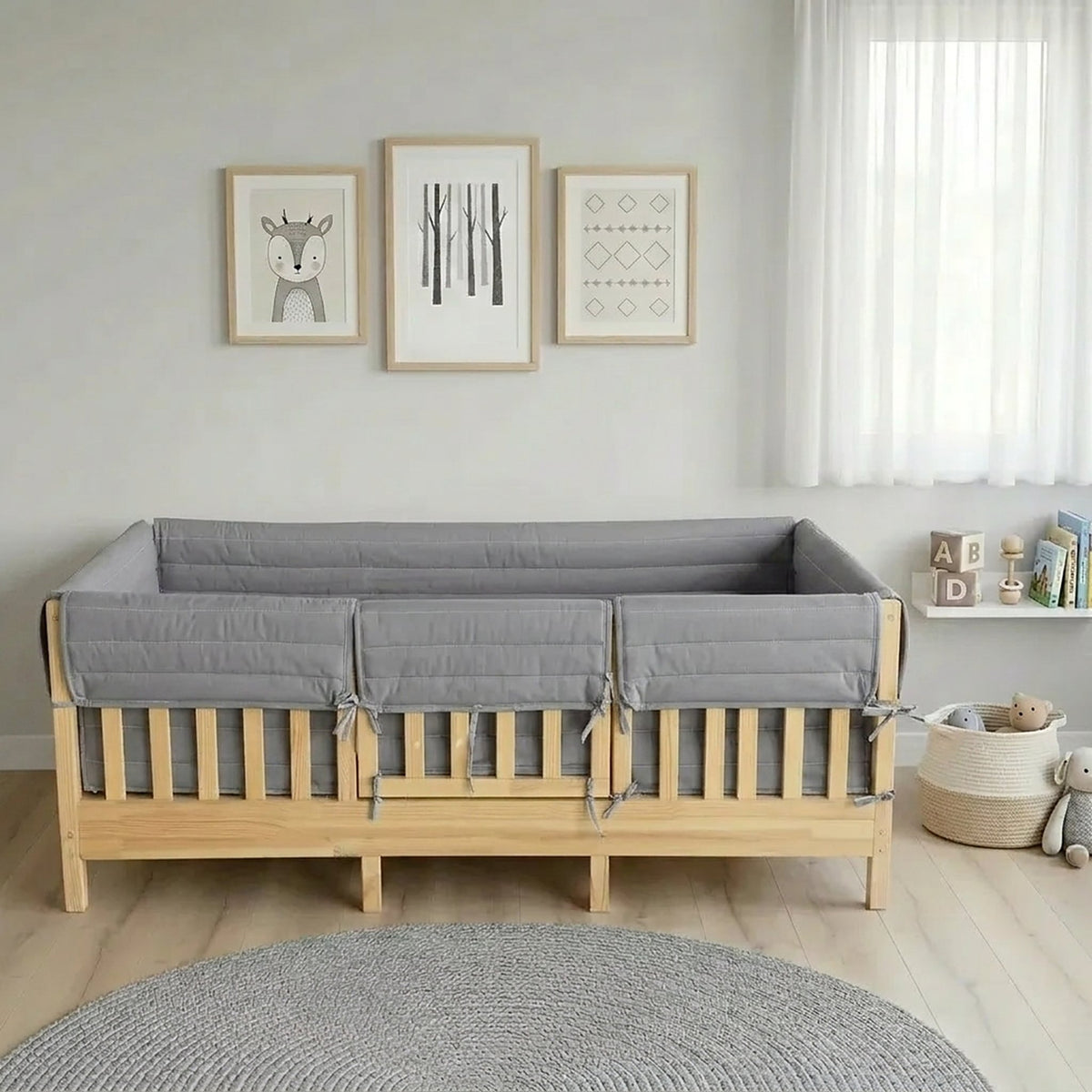 Montessori Beşik Kenar Koruma Takımı %100 Pamuk - Gri - Buble Full