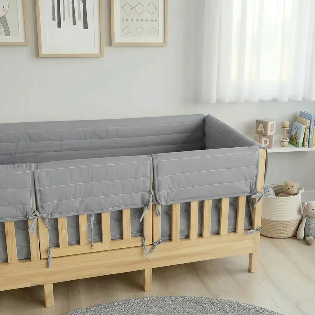 Montessori Beşik Kenar Koruma Takımı %100 Pamuk - Gri - Buble Full
