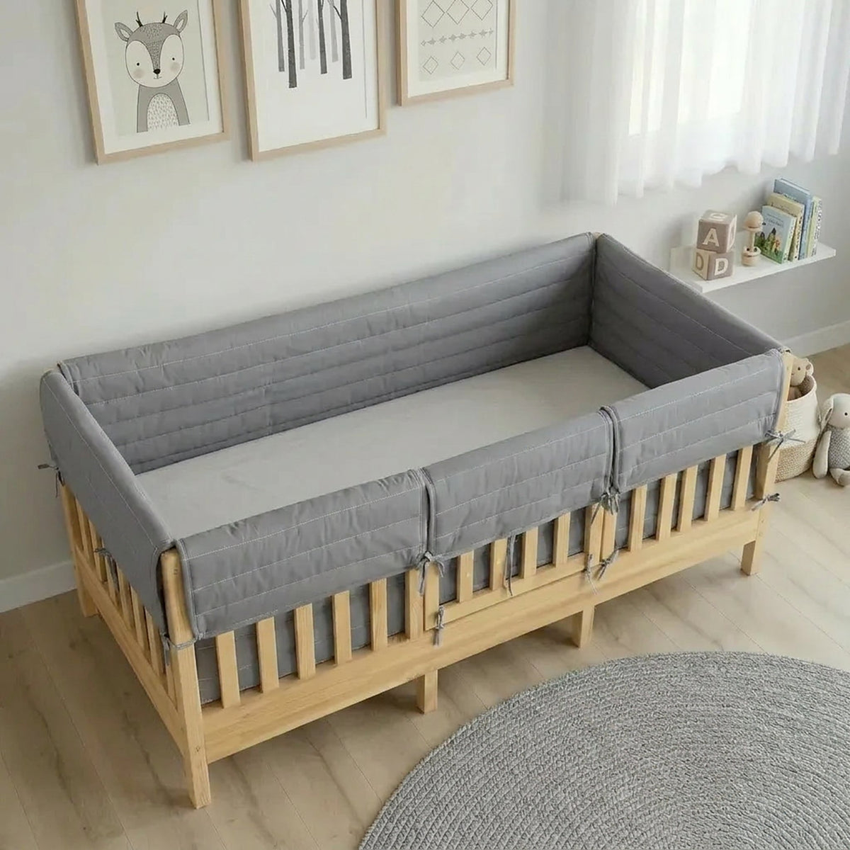 Montessori Beşik Kenar Koruma Takımı %100 Pamuk - Gri - Buble Full