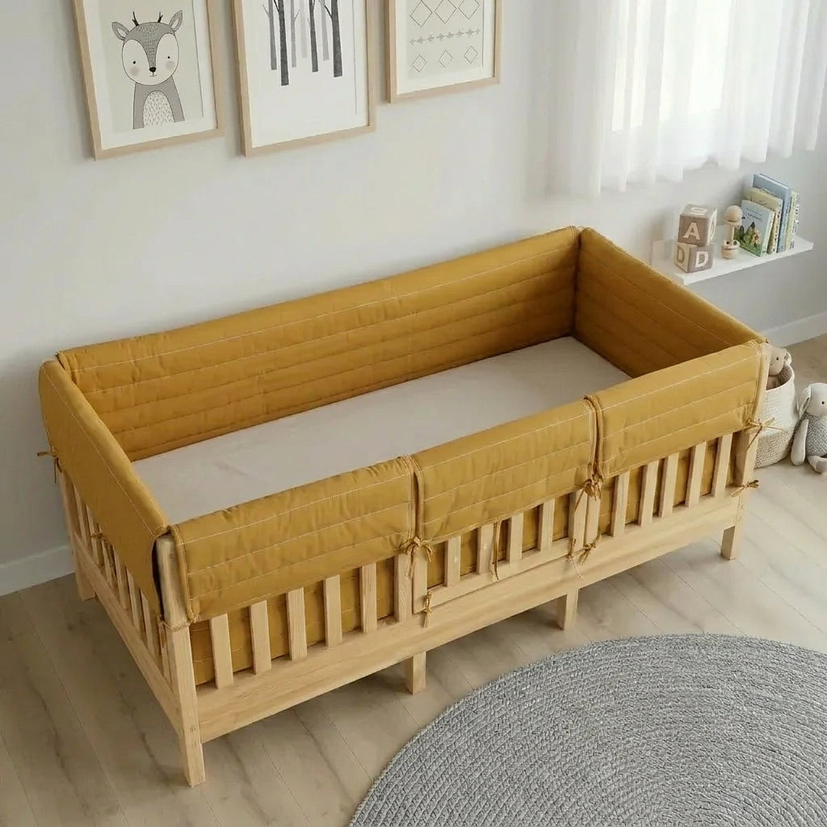 Montessori Beşik Kenar Koruma Takımı %100 Pamuk - Hardal Sarı - Buble Full