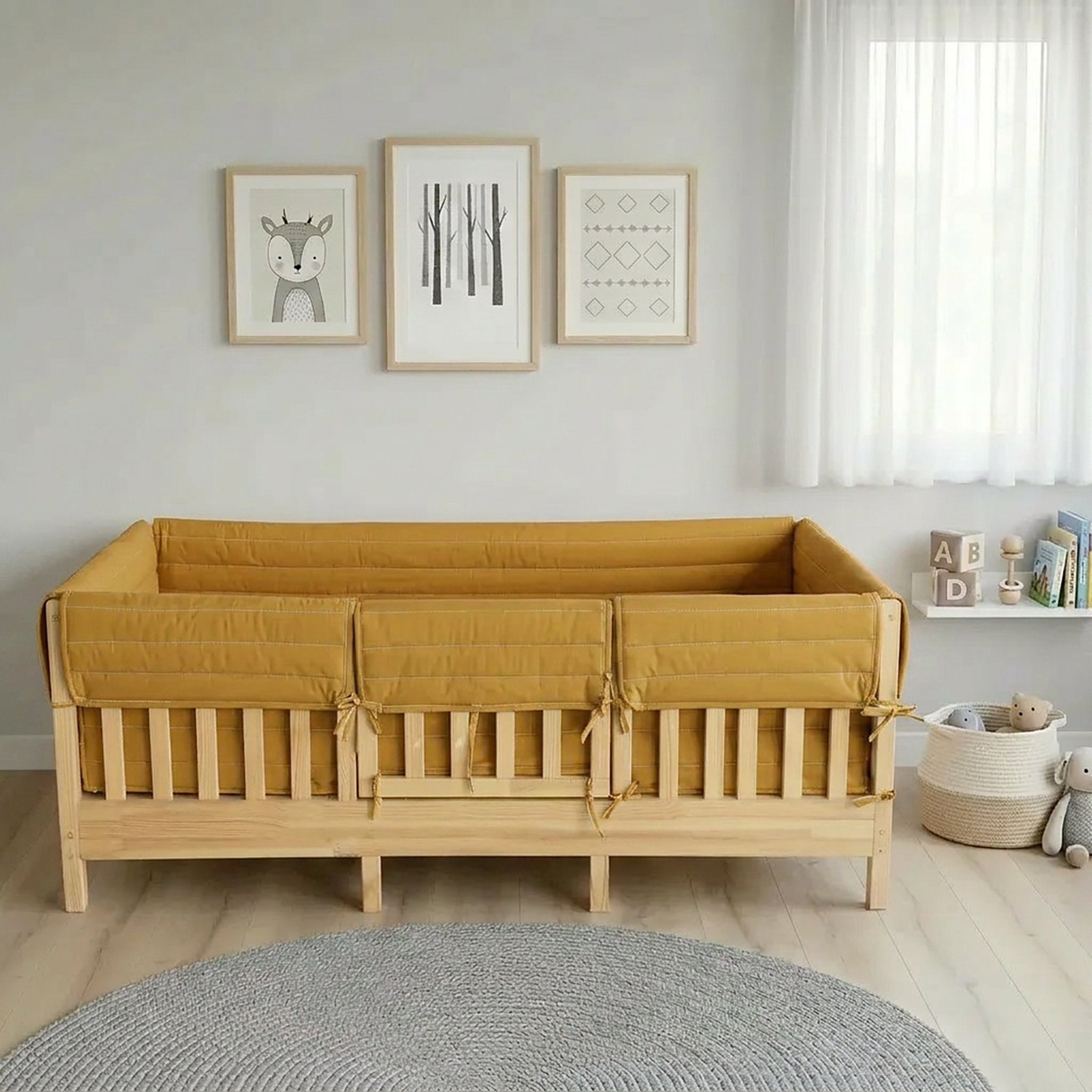 Montessori Beşik Kenar Koruma Takımı %100 Pamuk - Hardal Sarı - Buble Full