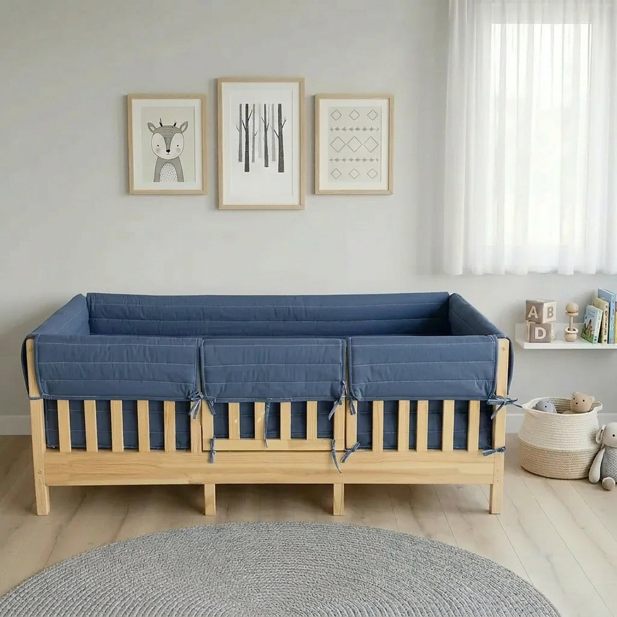 Montessori Beşik Kenar Koruma Takımı %100 Pamuk - İndigo - Buble Full