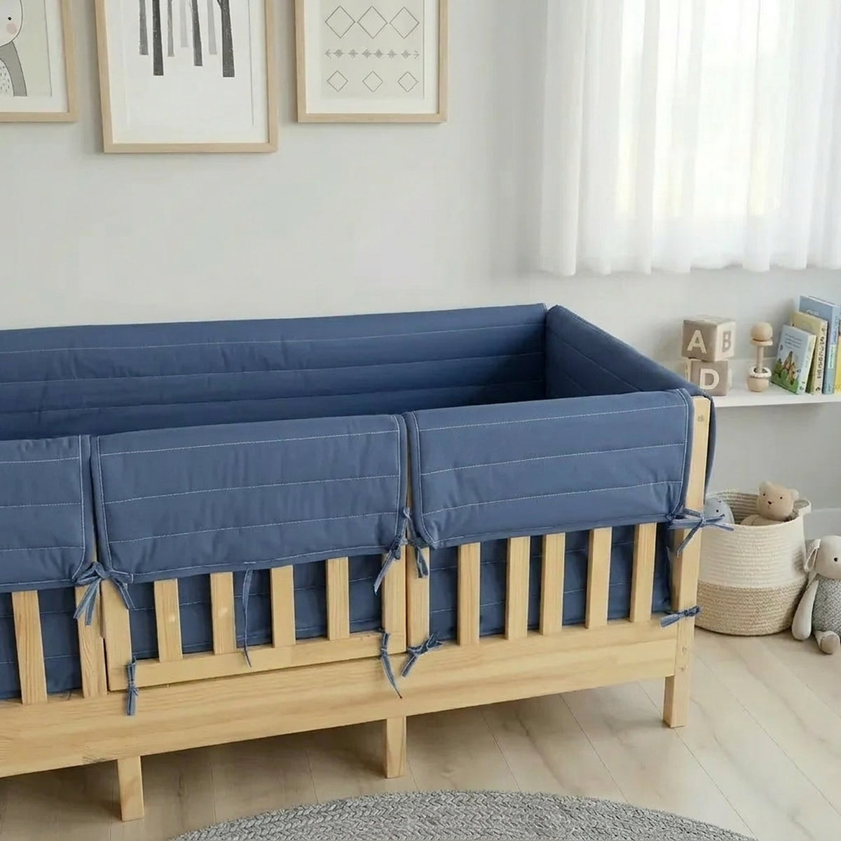Montessori Beşik Kenar Koruma Takımı %100 Pamuk - İndigo - Buble Full