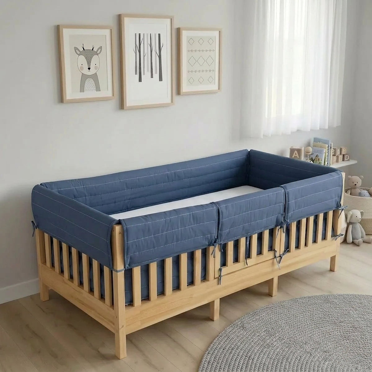 Montessori Beşik Kenar Koruma Takımı %100 Pamuk - İndigo - Buble Full