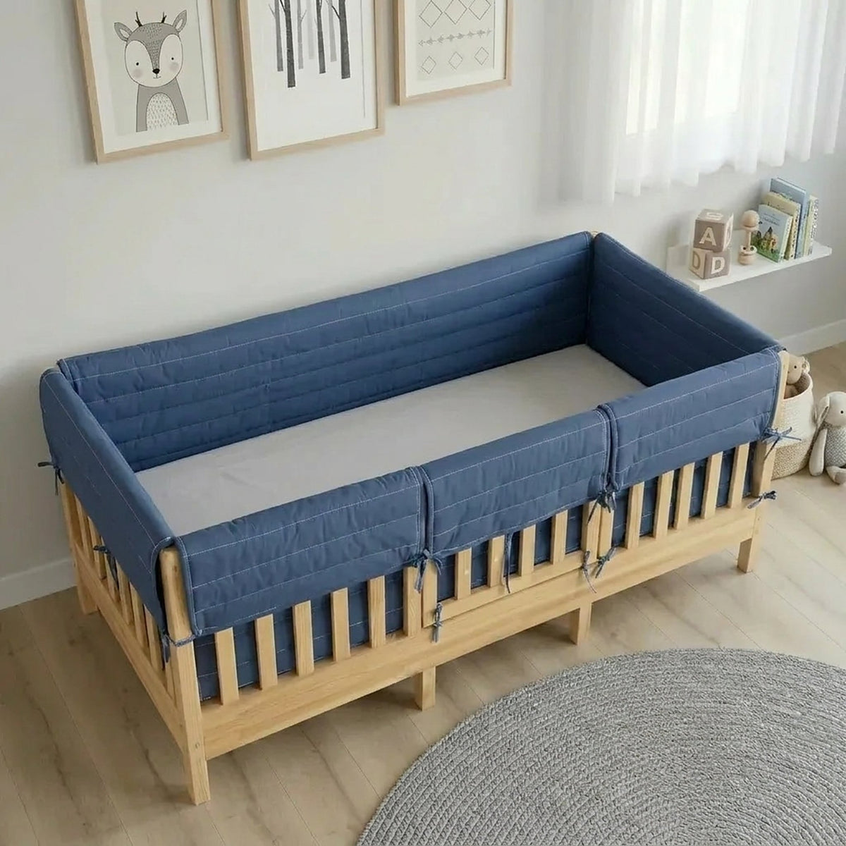 Montessori Beşik Kenar Koruma Takımı %100 Pamuk - İndigo - Buble Full