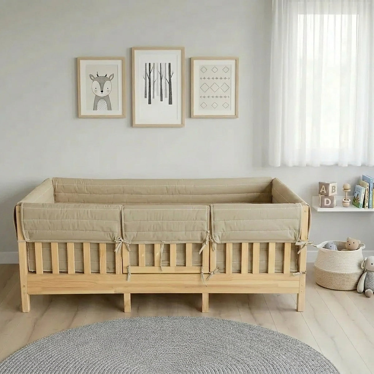 Montessori Beşik Kenar Koruma Takımı %100 Pamuk - Kapiçino - Buble Full