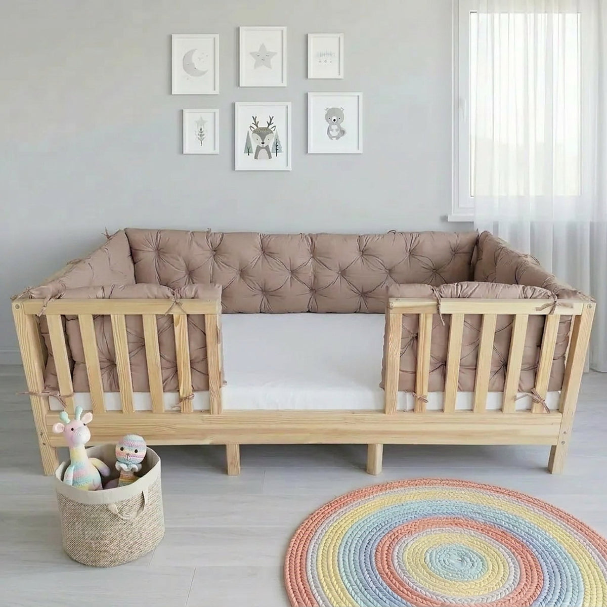 Beşik Kenar Koruma Minderi %100 Pamuk - Montessori Yatak Uyumlu - Açık Kahverengi - Buble Soft