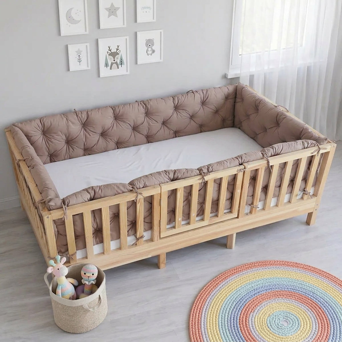 Beşik Kenar Koruma Minderi %100 Pamuk - Montessori Yatak Uyumlu - Açık Kahverengi - Buble Soft