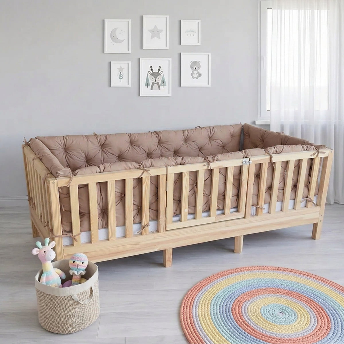 Beşik Kenar Koruma Minderi %100 Pamuk - Montessori Yatak Uyumlu - Açık Kahverengi - Buble Soft