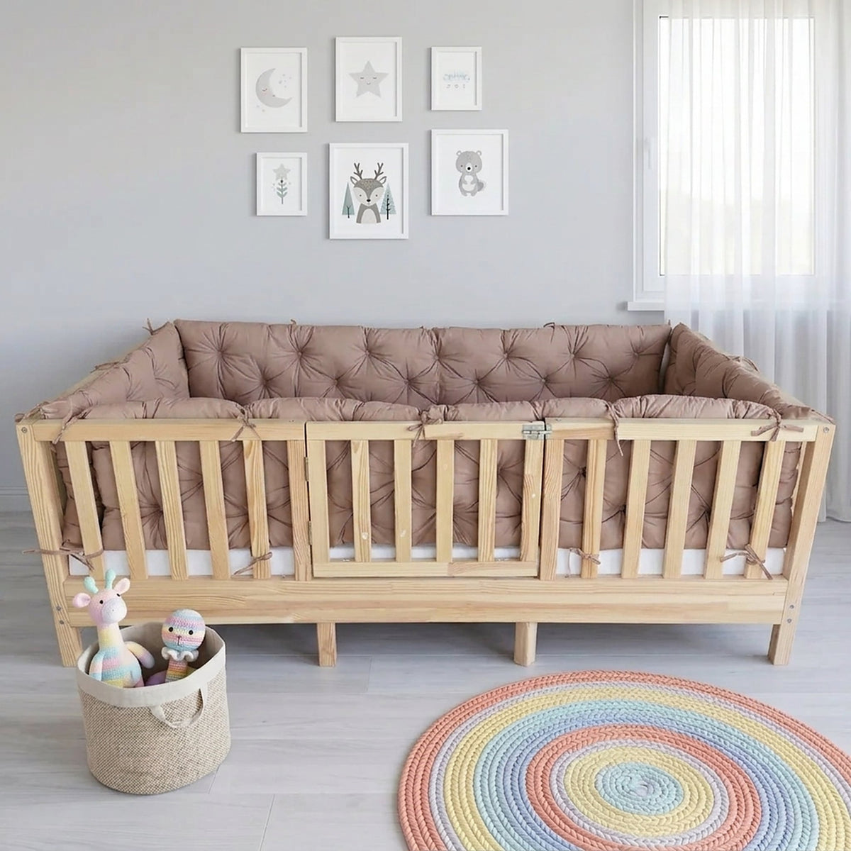 Beşik Kenar Koruma Minderi %100 Pamuk - Montessori Yatak Uyumlu - Açık Kahverengi - Buble Soft