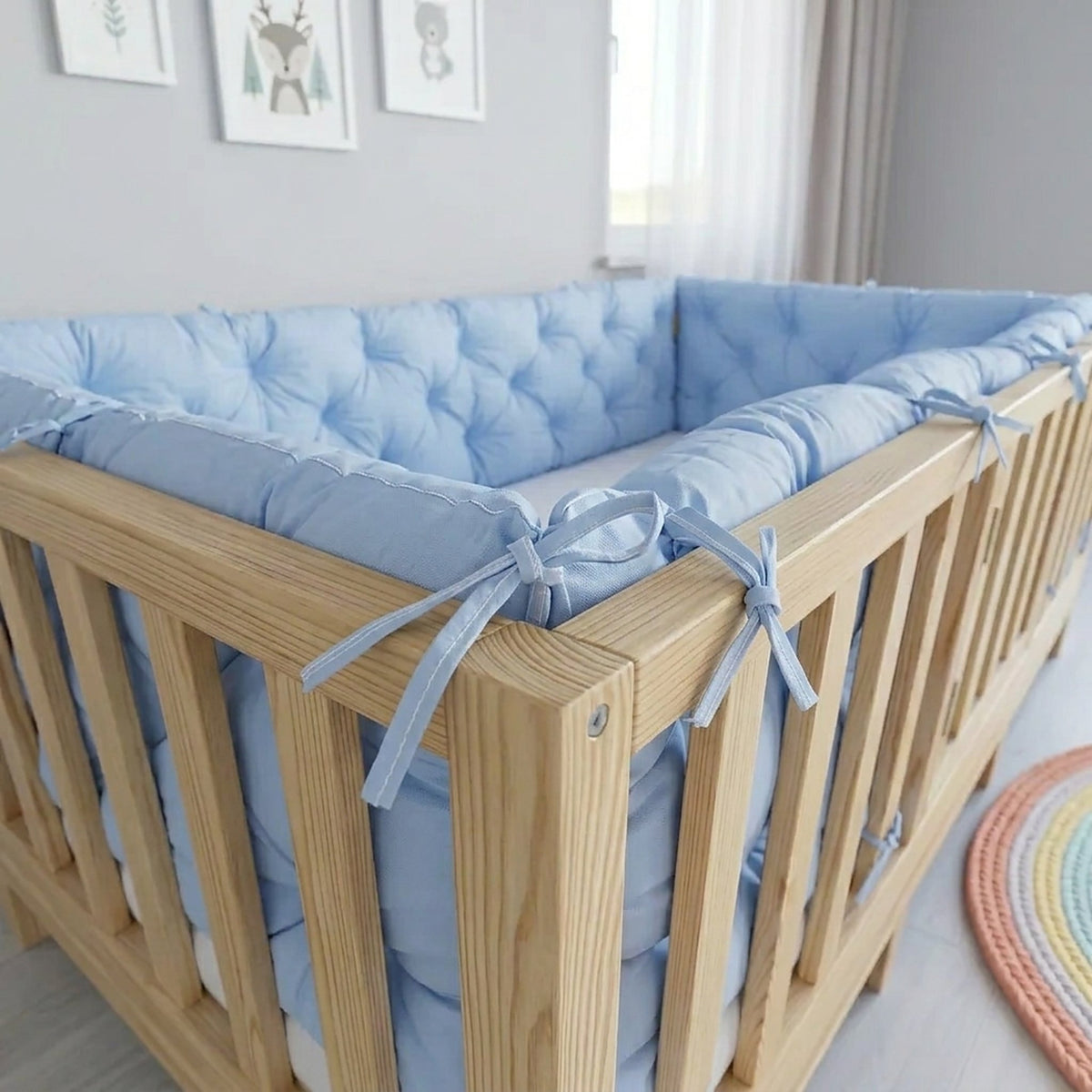 Beşik Kenar Koruma Minderi %100 Pamuk - Montessori Yatak Uyumlu - Bebe Mavi - Buble Soft