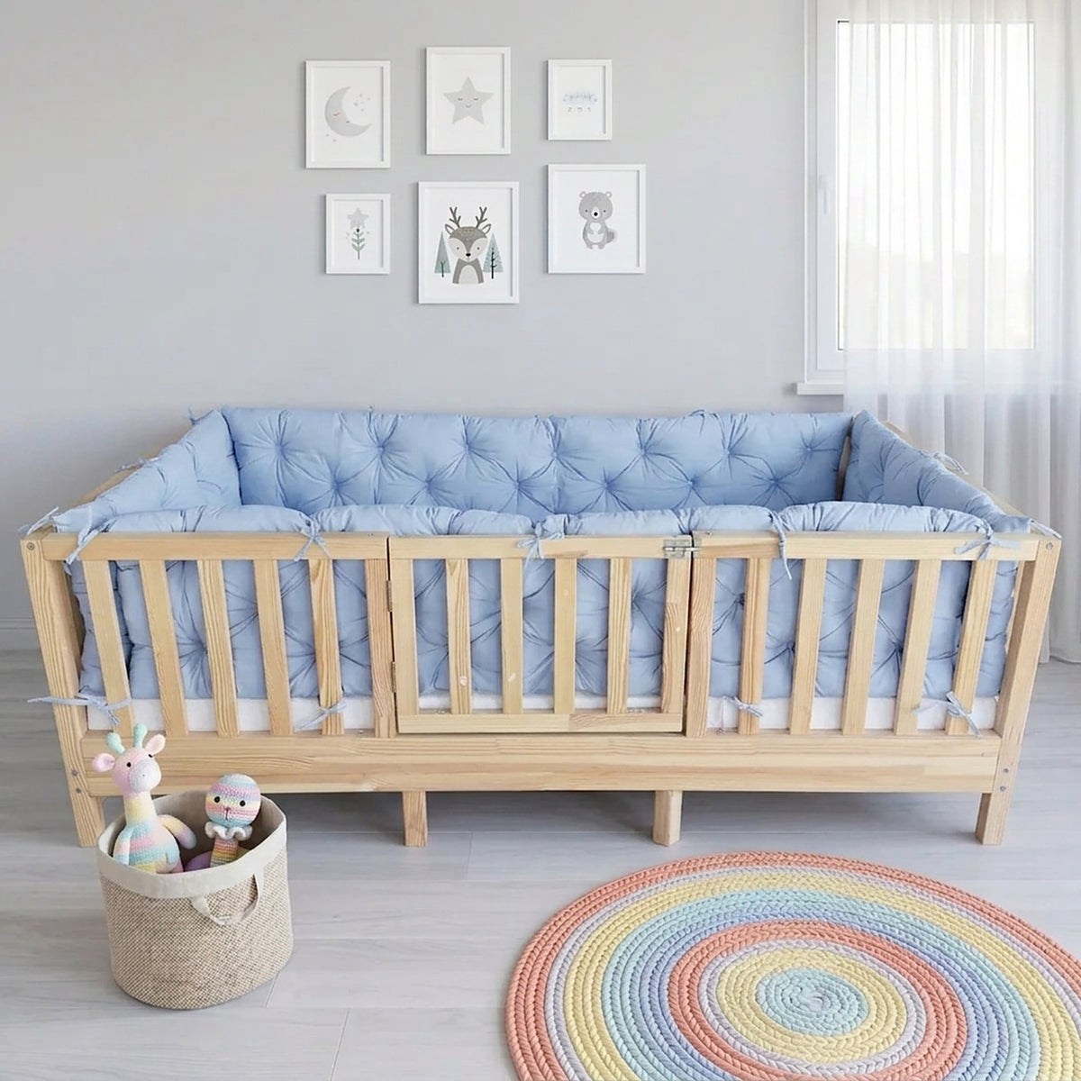 Beşik Kenar Koruma Minderi %100 Pamuk - Montessori Yatak Uyumlu - Bebe Mavi - Buble Soft