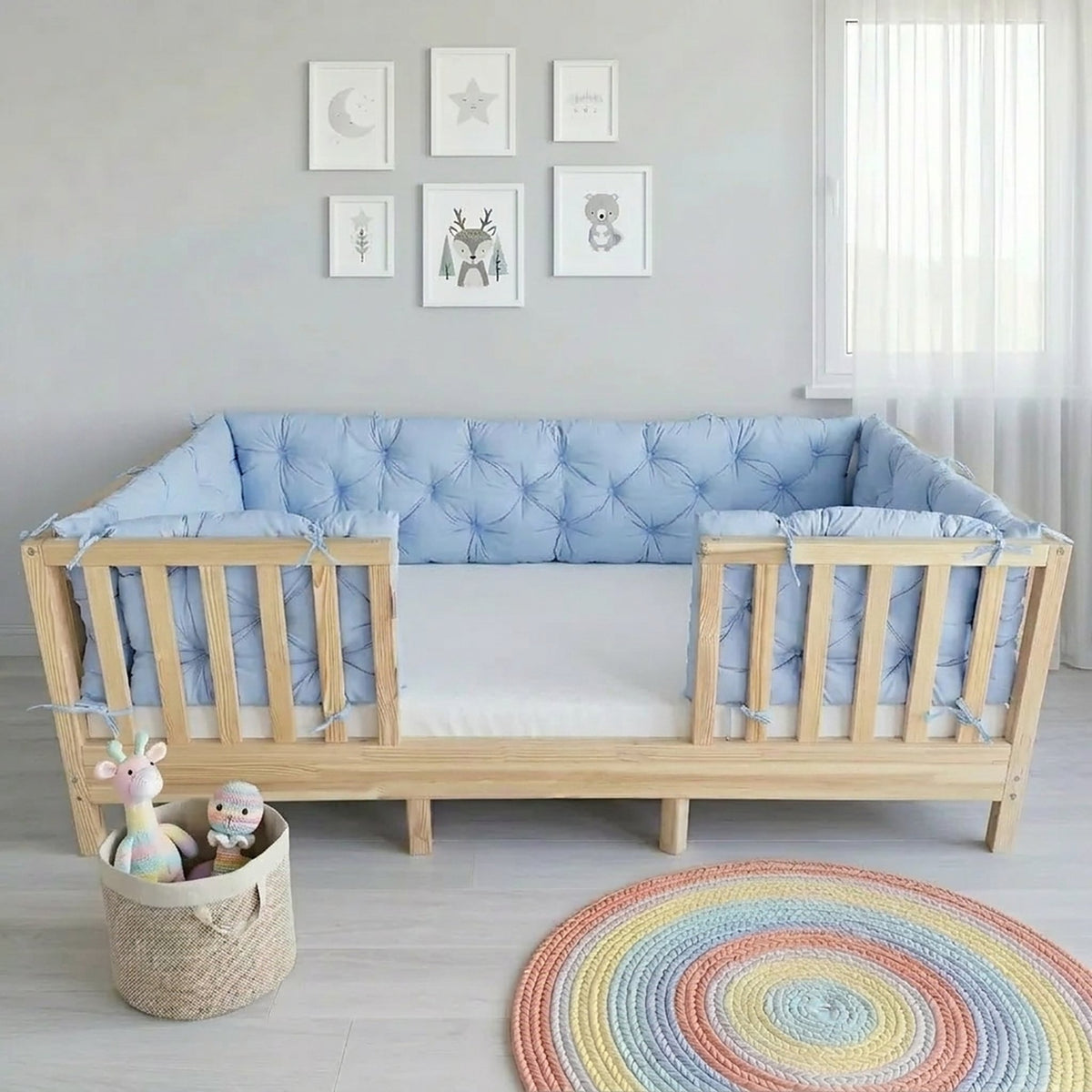 Beşik Kenar Koruma Minderi %100 Pamuk - Montessori Yatak Uyumlu - Bebe Mavi - Buble Soft