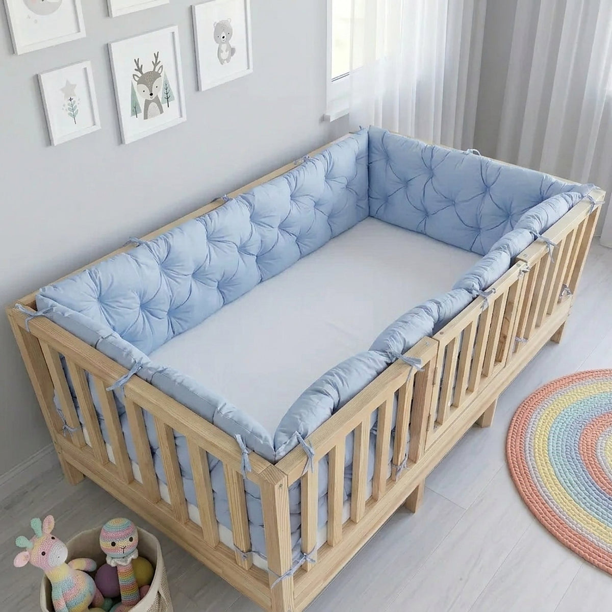 Beşik Kenar Koruma Minderi %100 Pamuk - Montessori Yatak Uyumlu - Bebe Mavi - Buble Soft