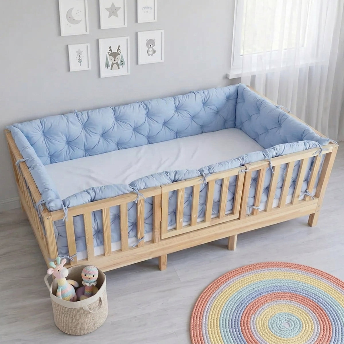 Beşik Kenar Koruma Minderi %100 Pamuk - Montessori Yatak Uyumlu - Bebe Mavi - Buble Soft