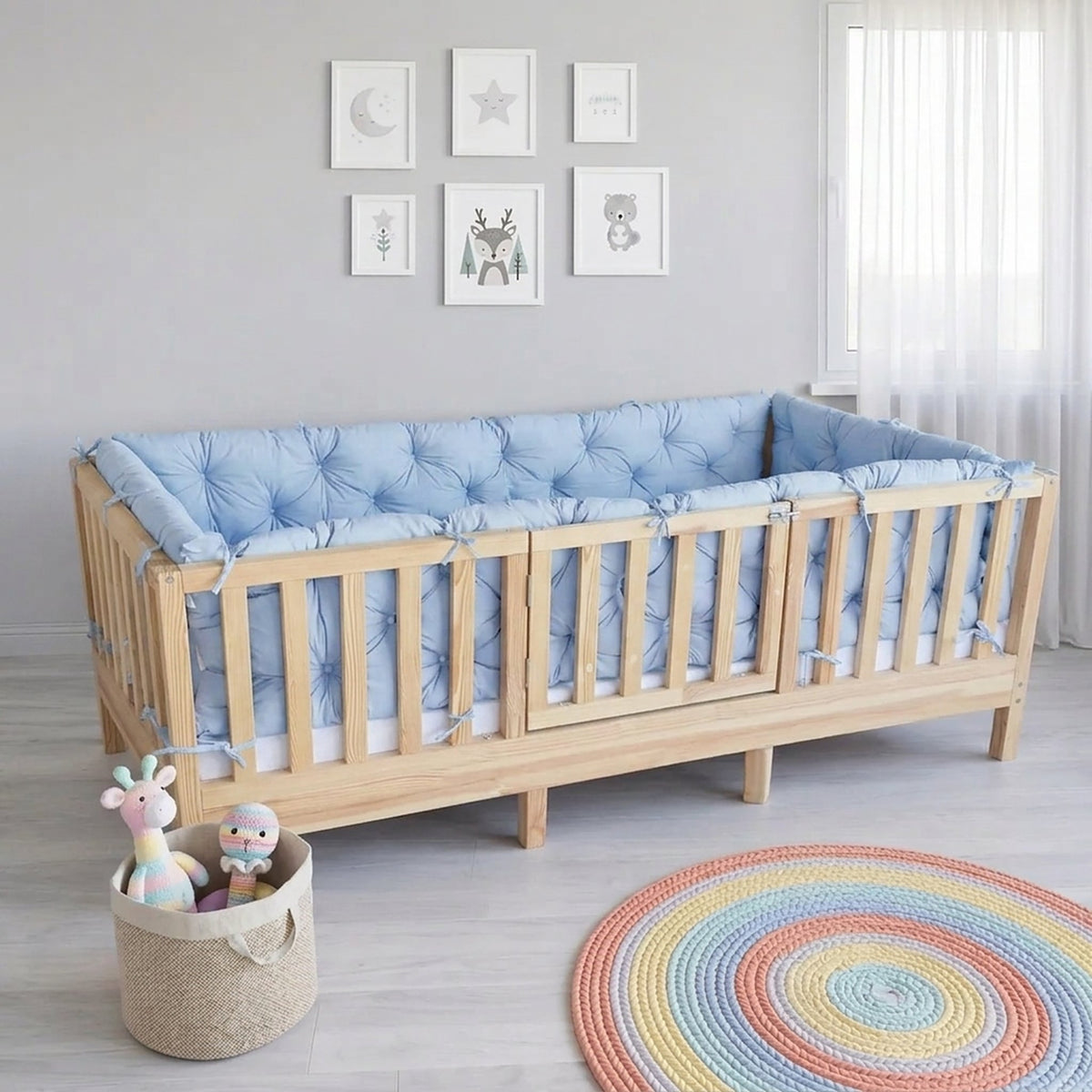 Beşik Kenar Koruma Minderi %100 Pamuk - Montessori Yatak Uyumlu - Bebe Mavi - Buble Soft