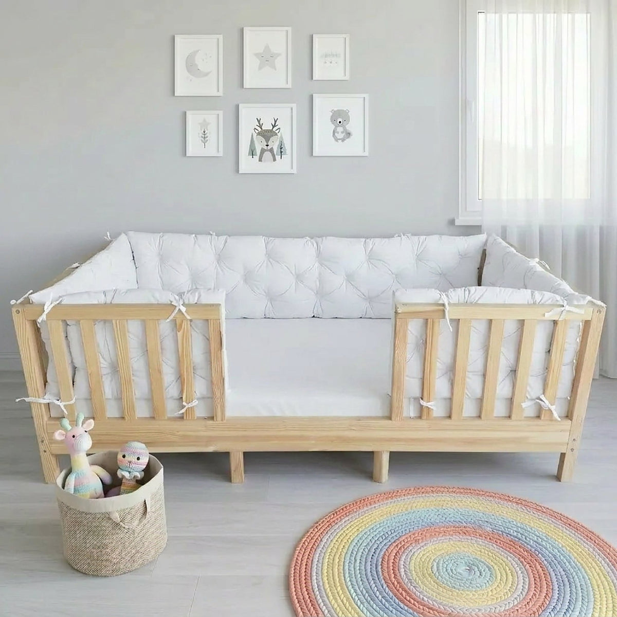 Beşik Kenar Koruma Minderi %100 Pamuk - Montessori Yatak Uyumlu - Beyaz - Buble Soft