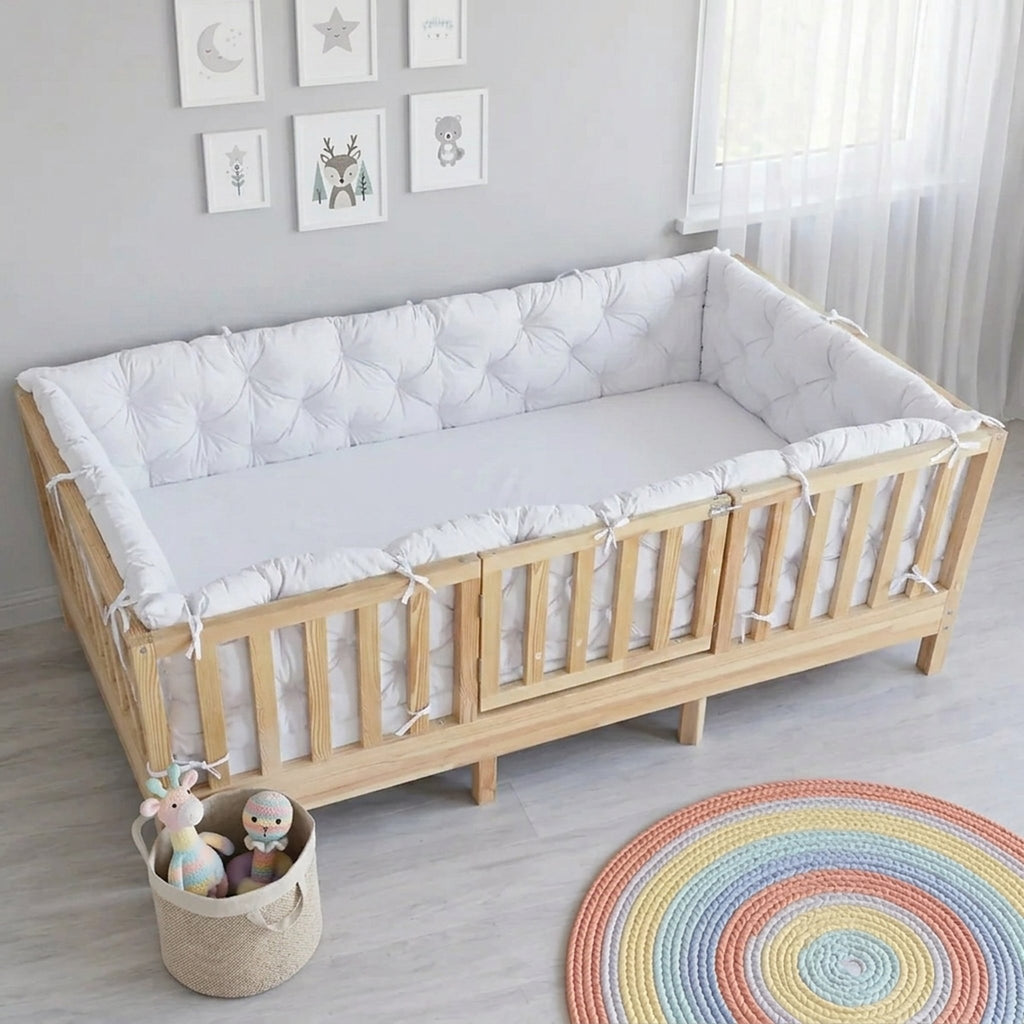 Beşik Kenar Koruma Minderi %100 Pamuk - Montessori Yatak Uyumlu - Beyaz - Buble Soft