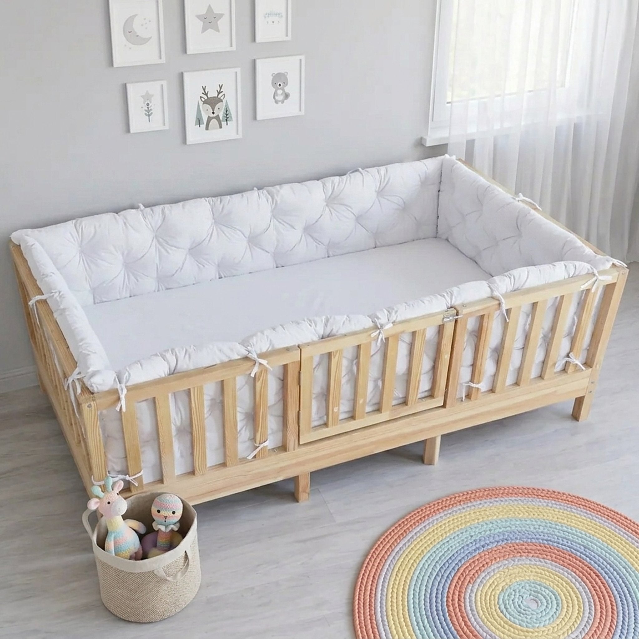 Beşik Kenar Koruma Minderi %100 Pamuk - Montessori Yatak Uyumlu - Beyaz - Buble Soft