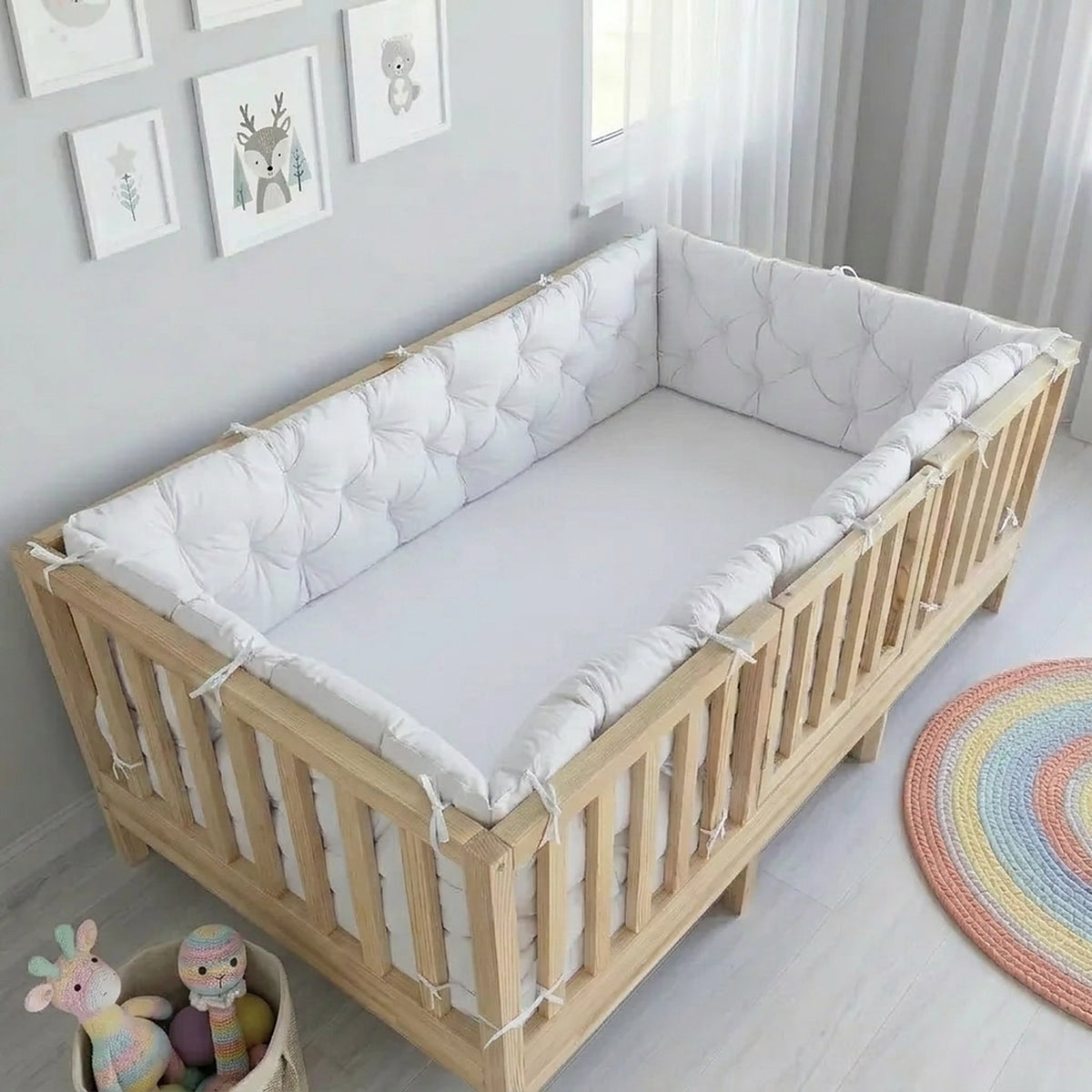 Beşik Kenar Koruma Minderi %100 Pamuk - Montessori Yatak Uyumlu - Beyaz - Buble Soft