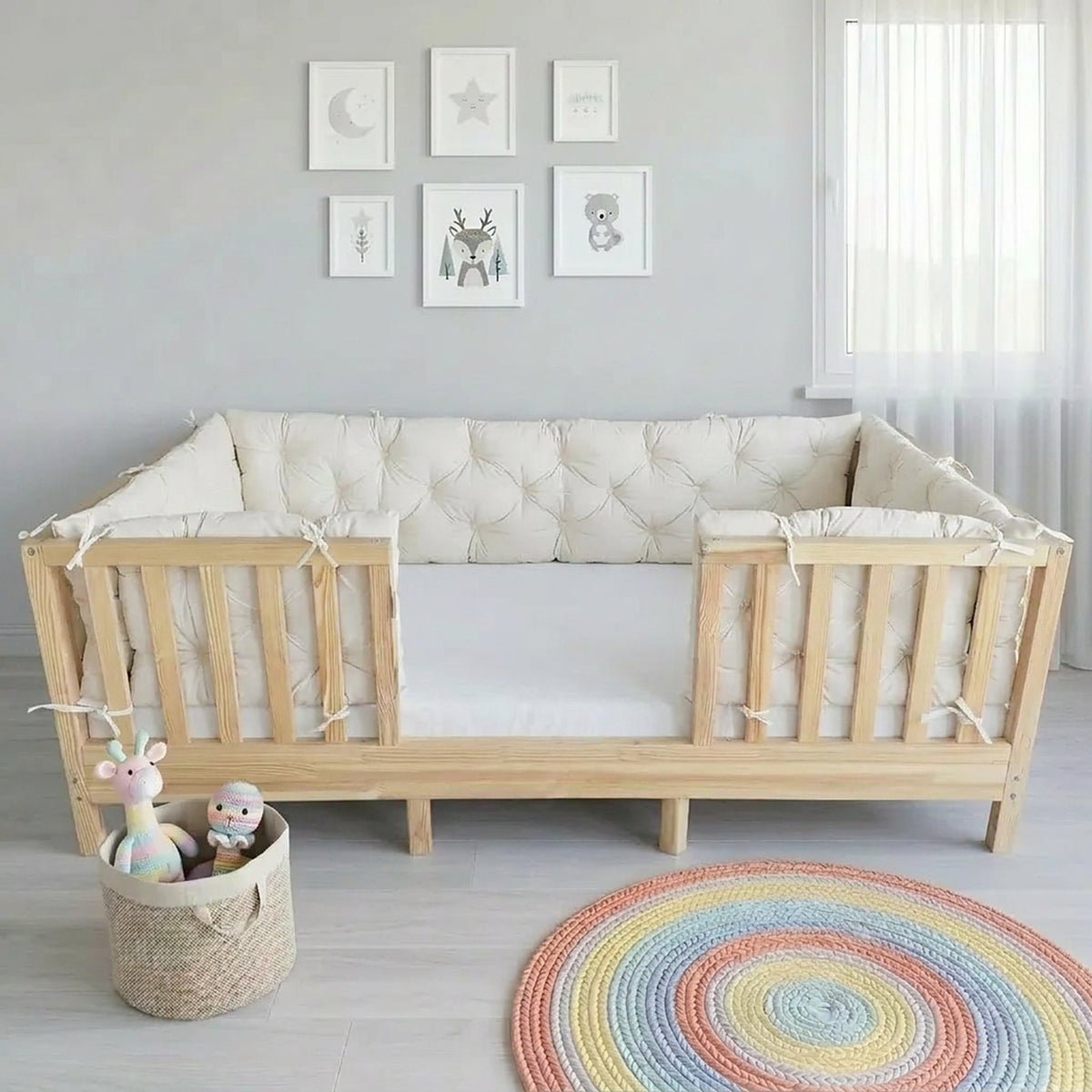 Beşik Kenar Koruma Minderi %100 Pamuk - Montessori Yatak Uyumlu - Ekru - Buble Soft