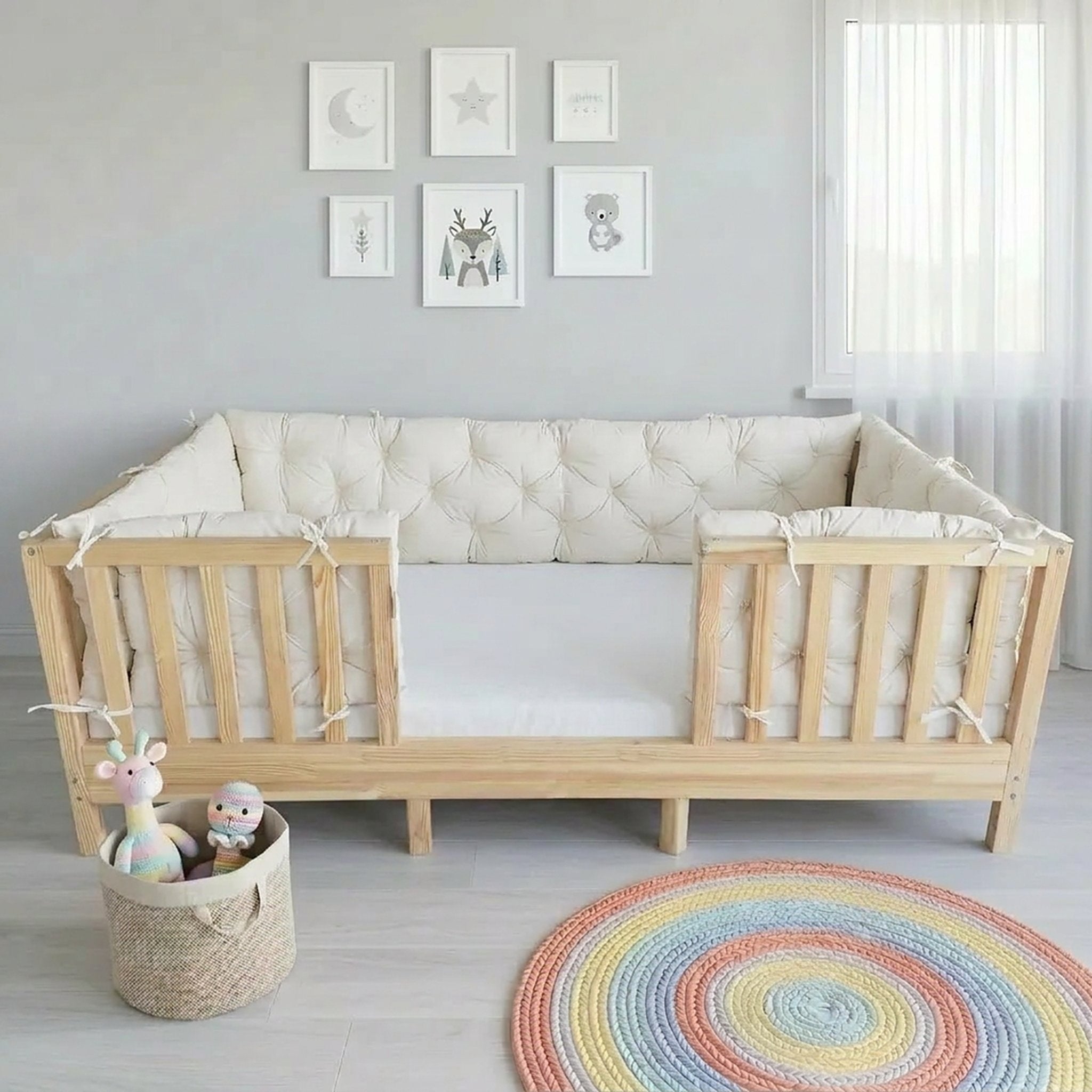 Beşik Kenar Koruma Minderi %100 Pamuk - Montessori Yatak Uyumlu - Ekru - Buble Soft