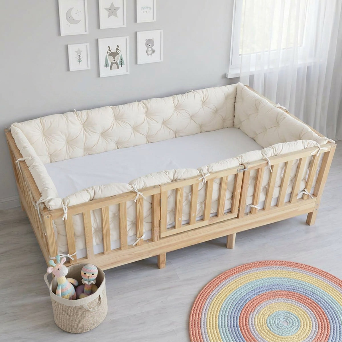 Beşik Kenar Koruma Minderi %100 Pamuk - Montessori Yatak Uyumlu - Ekru - Buble Soft