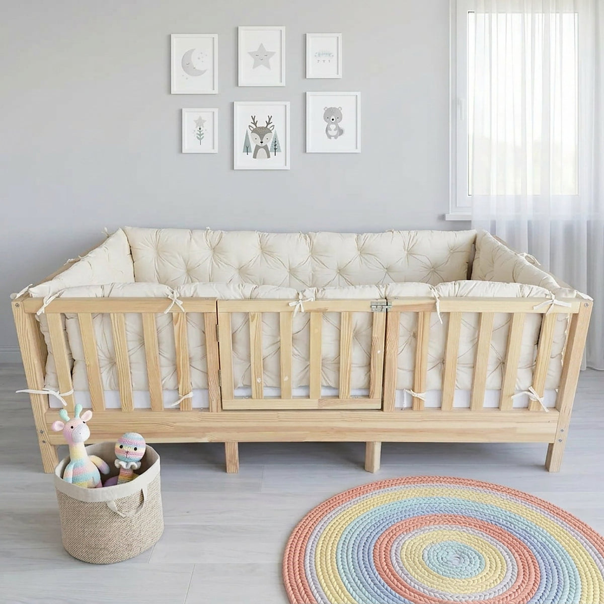 Beşik Kenar Koruma Minderi %100 Pamuk - Montessori Yatak Uyumlu - Ekru - Buble Soft
