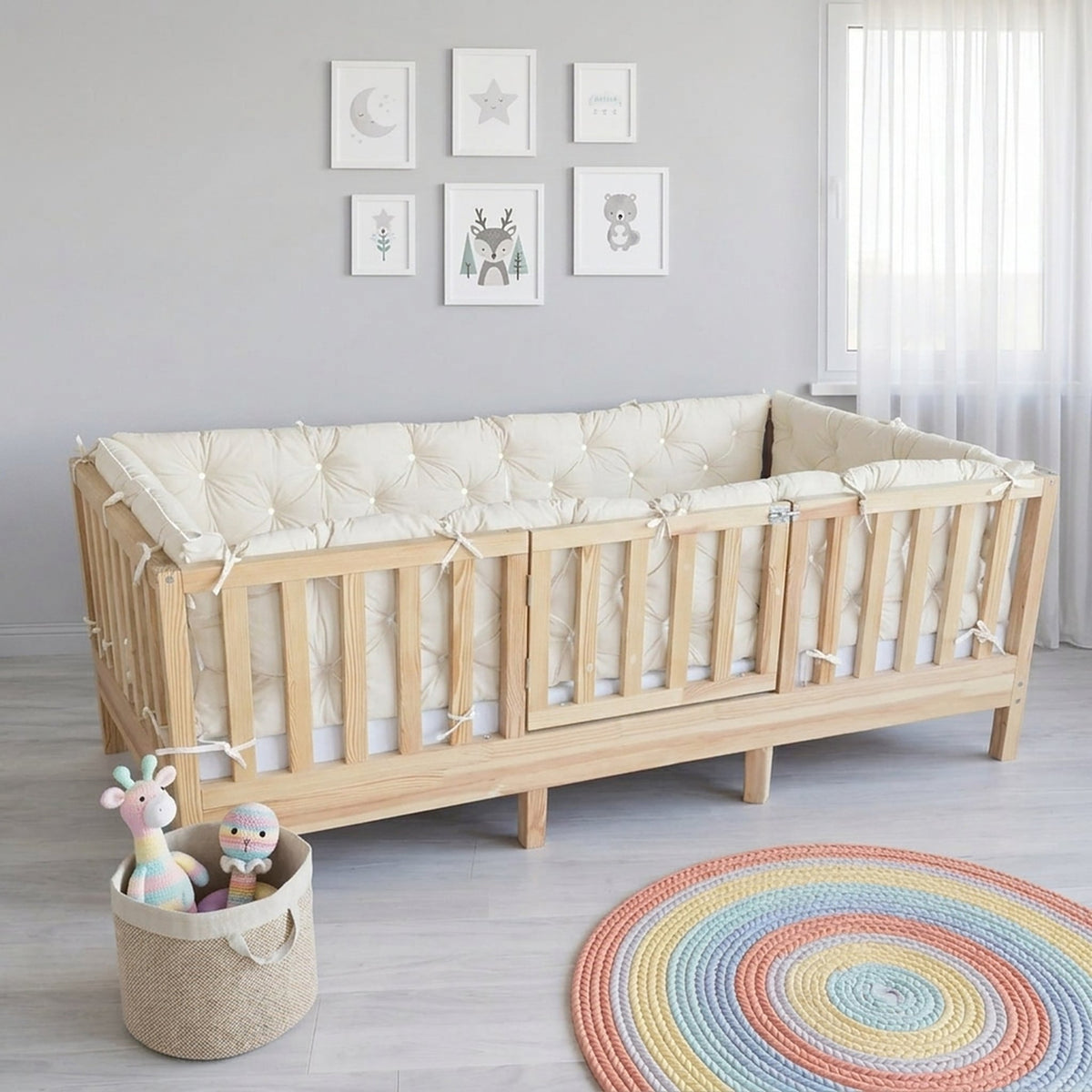 Beşik Kenar Koruma Minderi %100 Pamuk - Montessori Yatak Uyumlu - Ekru - Buble Soft